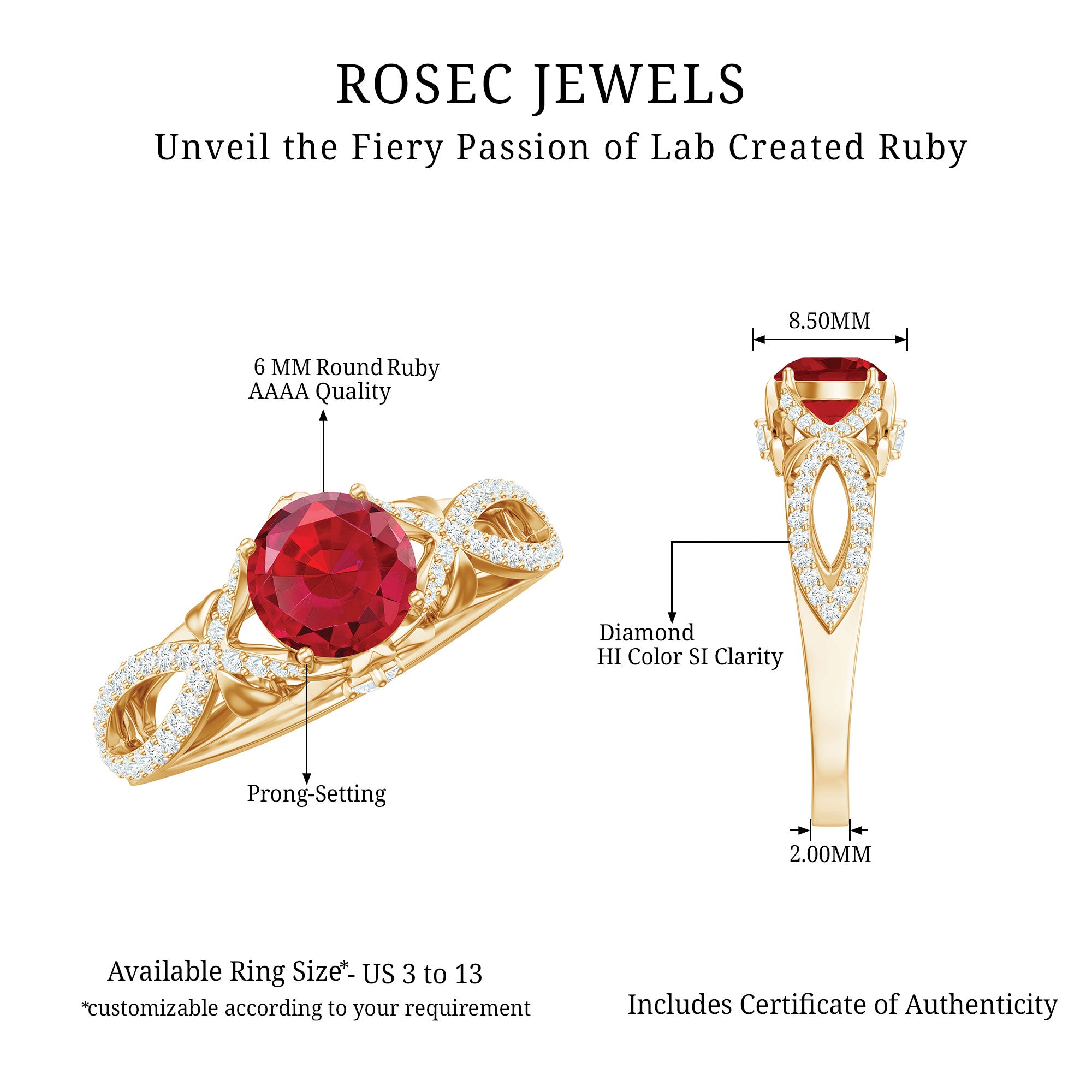 Classic Created Ruby and Diamond Crossover Engagement Ring with Diamond AAAA - Rosec Jewels