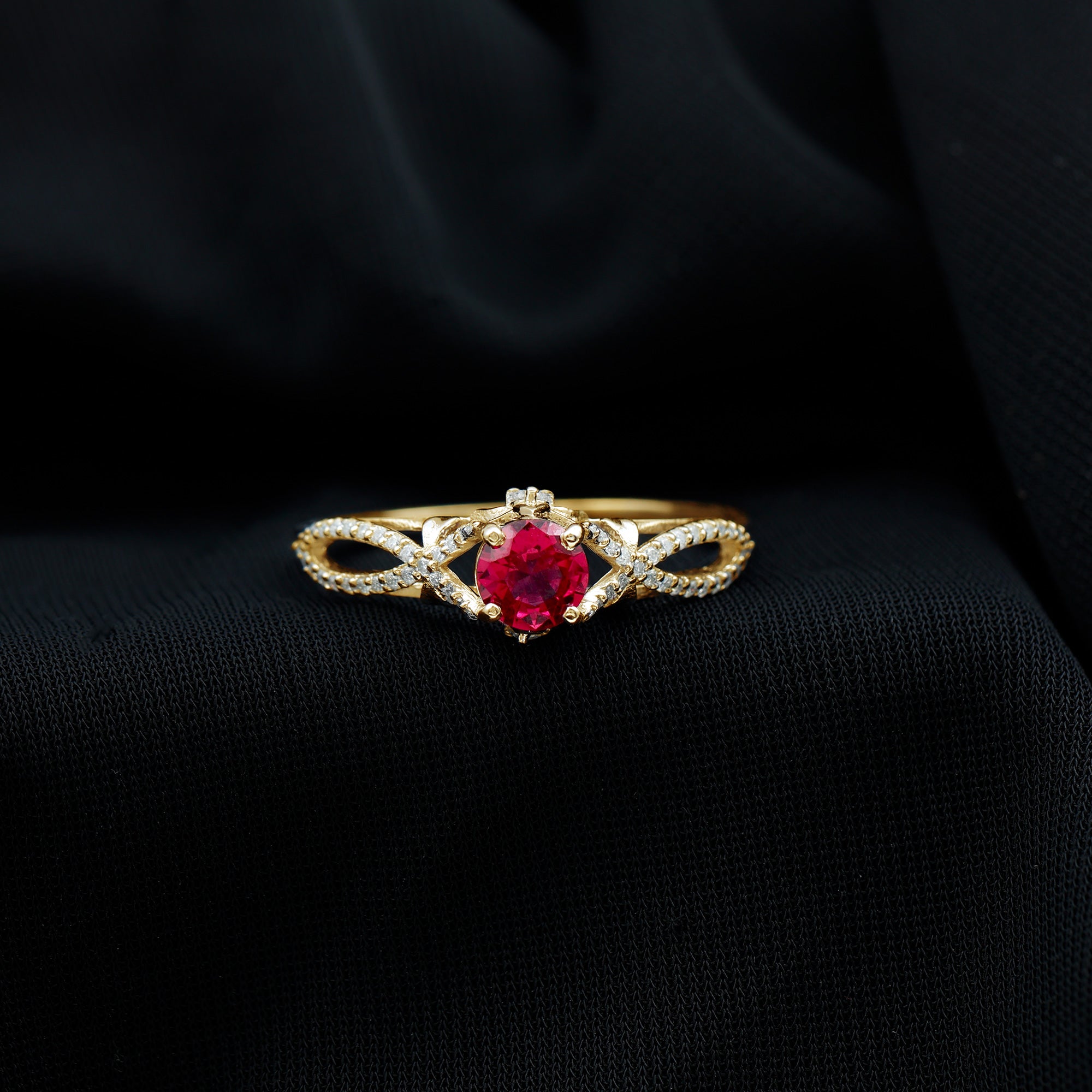 Classic Created Ruby and Diamond Crossover Engagement Ring with Diamond AAAA - Rosec Jewels