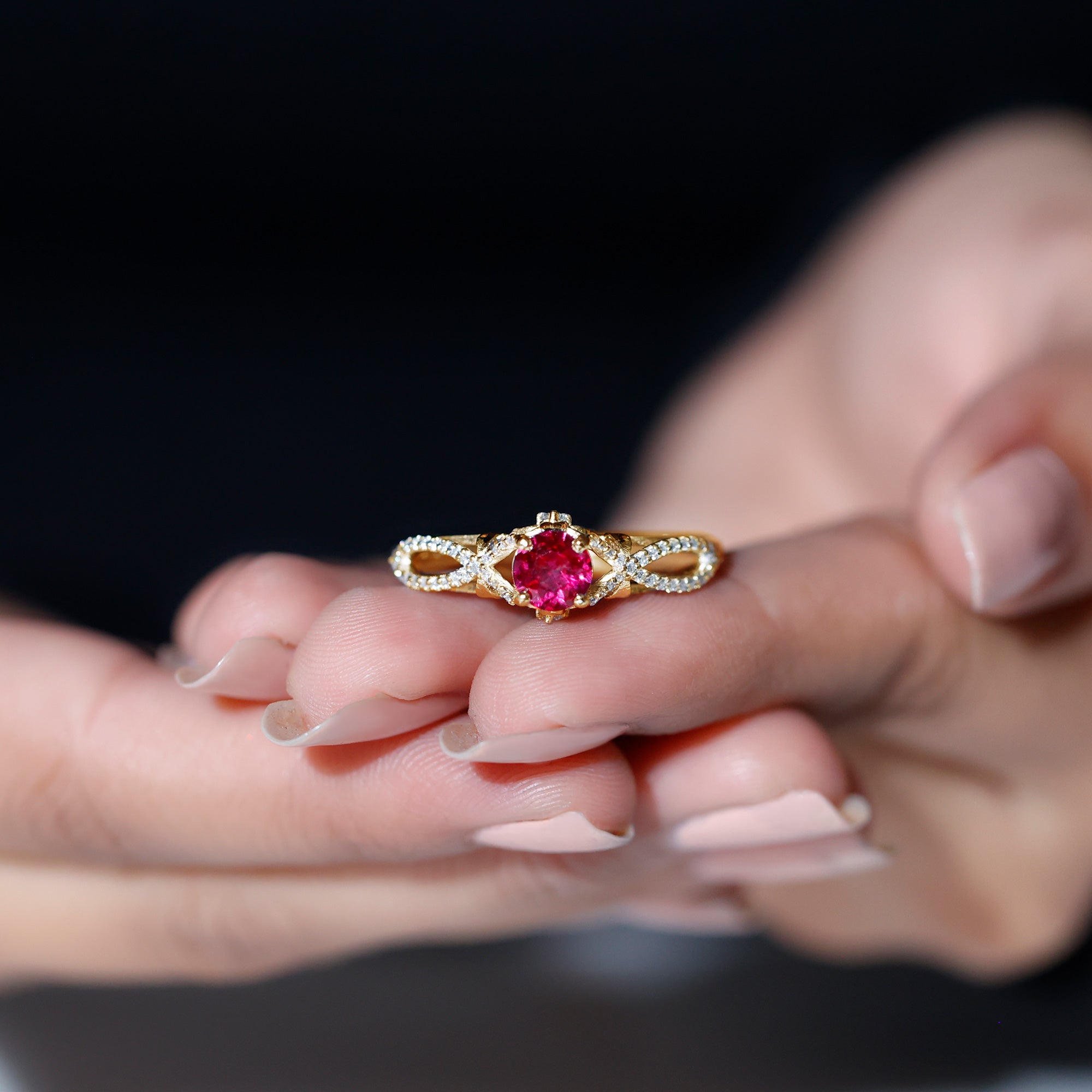 Classic Created Ruby and Diamond Crossover Engagement Ring with Diamond AAAA - Rosec Jewels