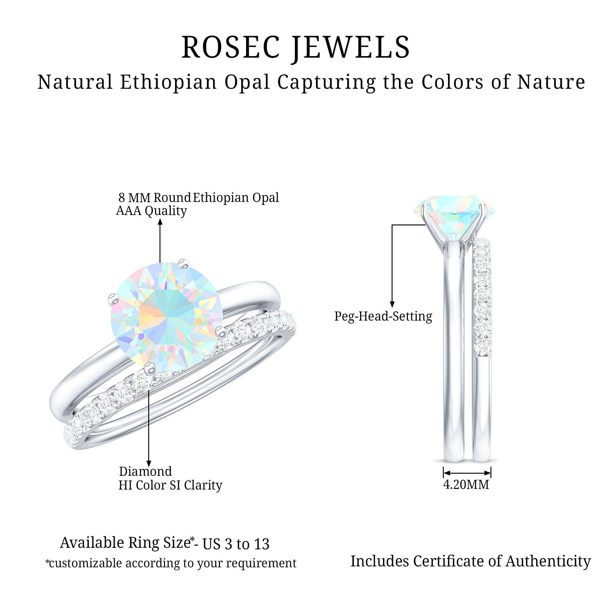 Natural 2 Carat Ethiopian Opal Diamond Solitaire Engagement Wedding Ring Set AAA - Rosec Jewels