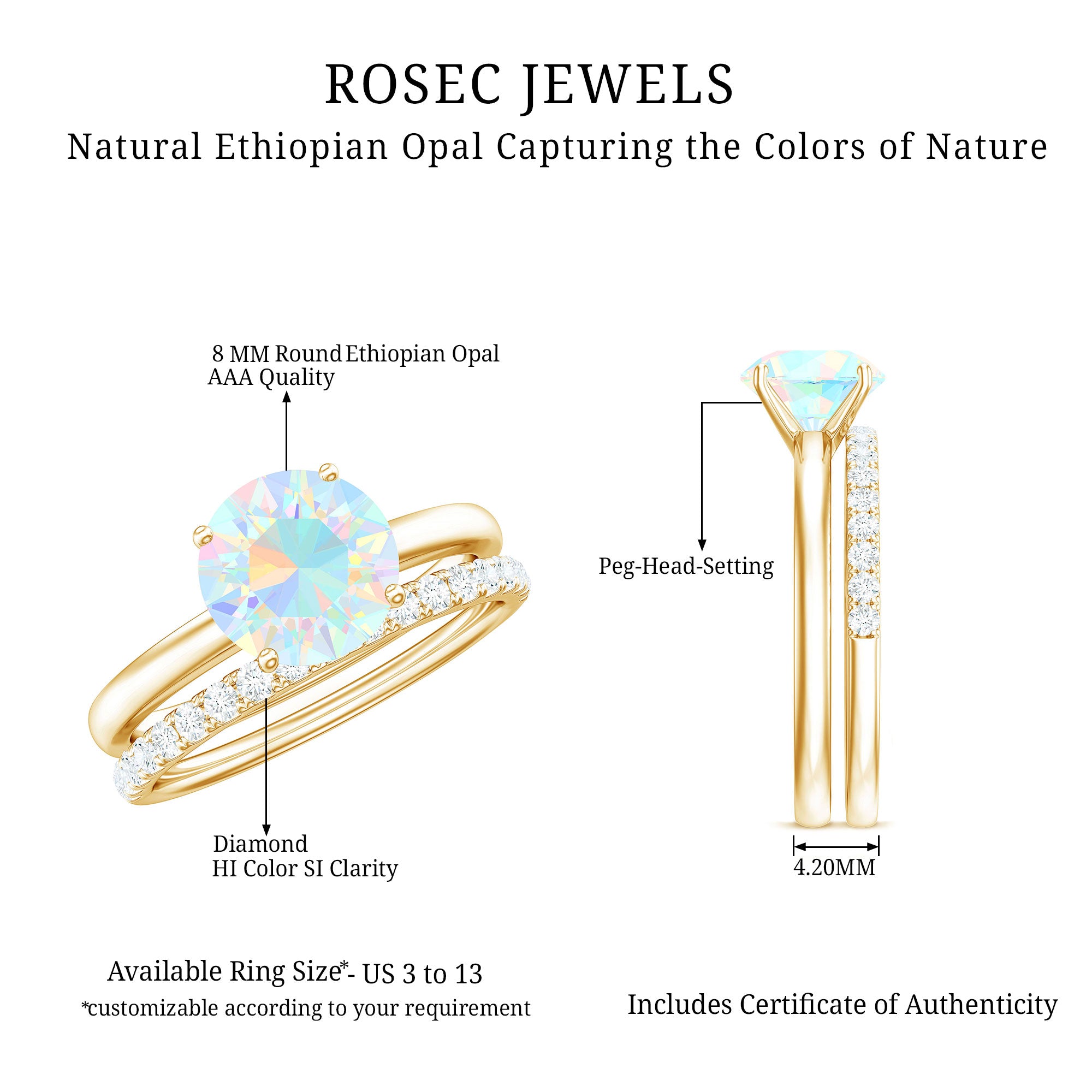Natural 2 Carat Ethiopian Opal Diamond Solitaire Engagement Wedding Ring Set AAA - Rosec Jewels
