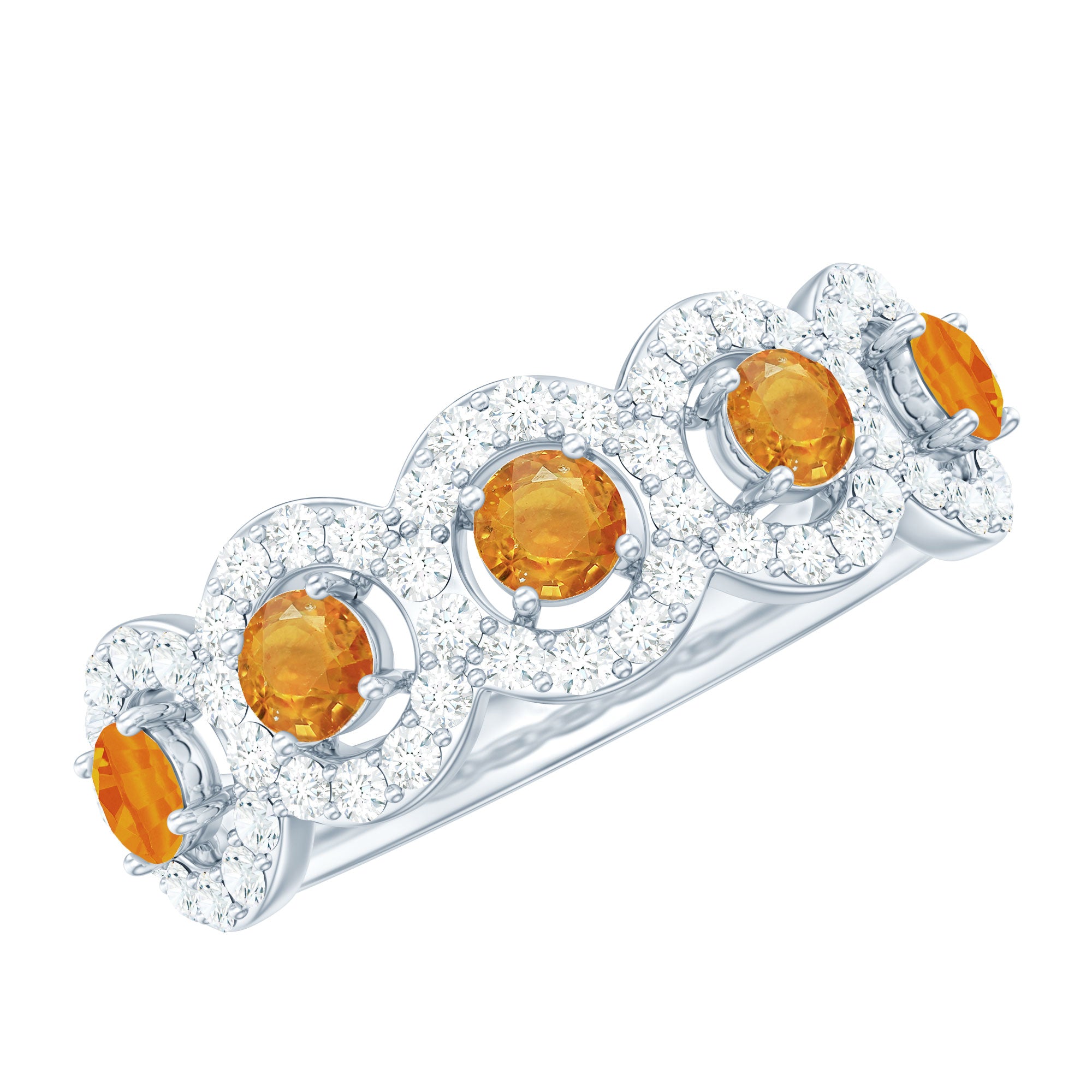 1.50 CT Round Shape Orange Sapphire and Diamond Halo Classic Half Eternity Ring