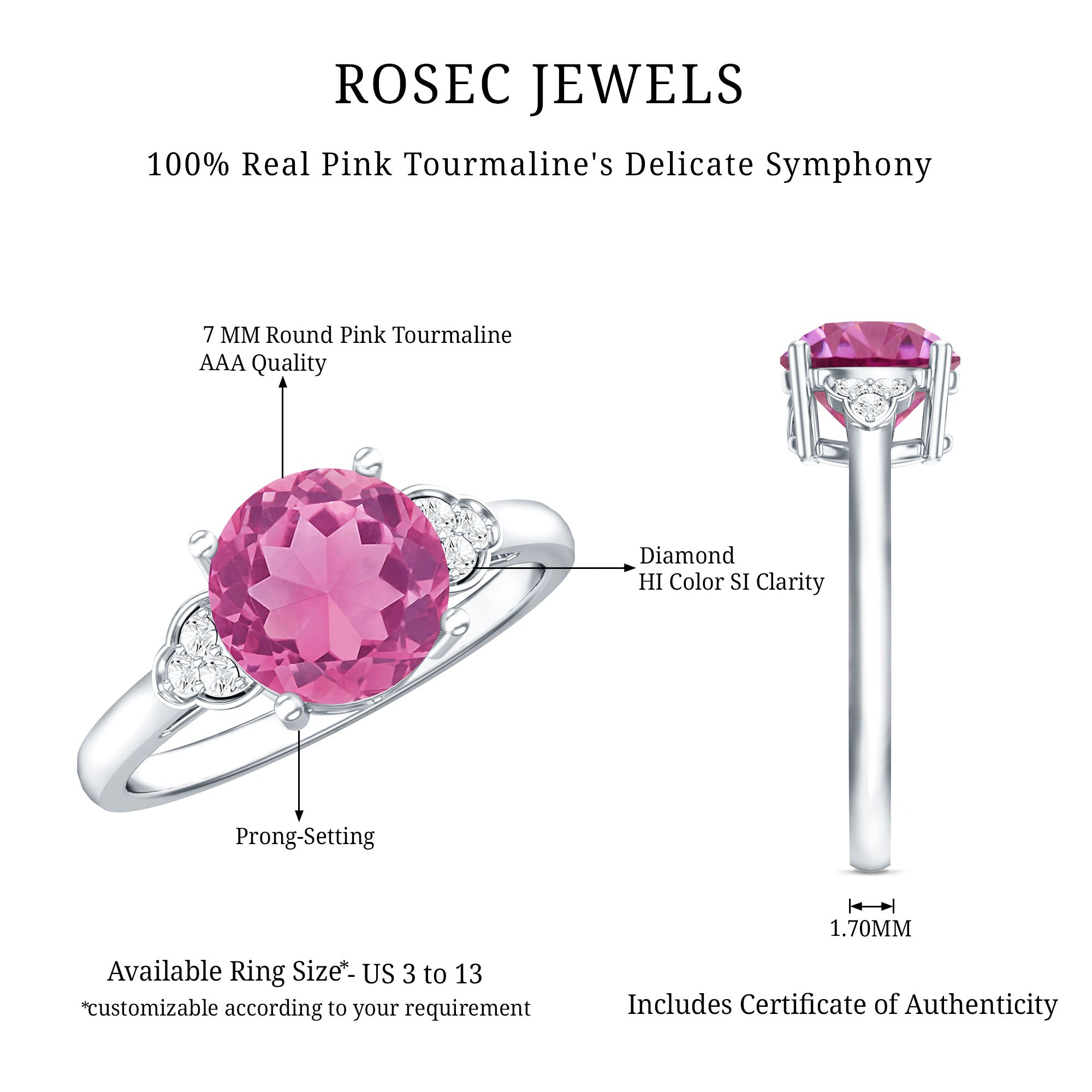 Round Pink Tourmaline Solitaire Engagement Ring with Diamond AAA - Rosec Jewels