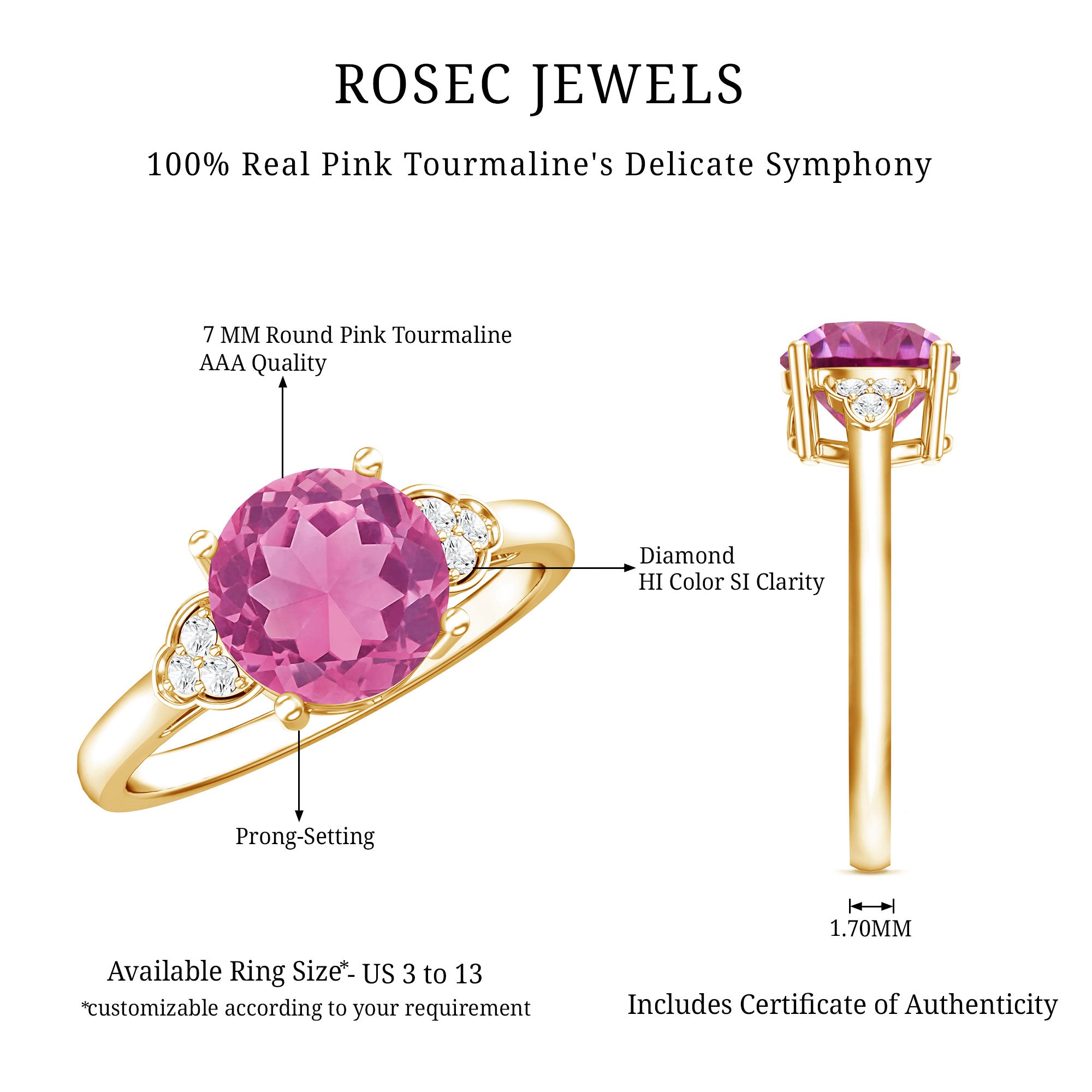 Round Pink Tourmaline Solitaire Engagement Ring with Diamond AAA - Rosec Jewels