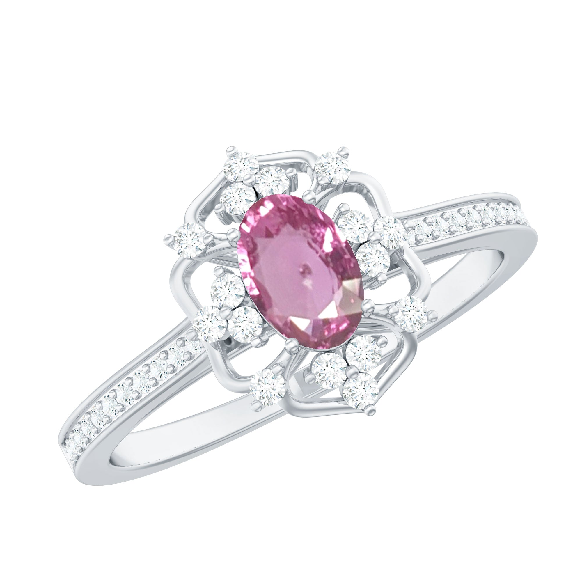 Rosec Jewels-Vintage Inspired Pink Sapphire Diamond Engagement Ring in Silver