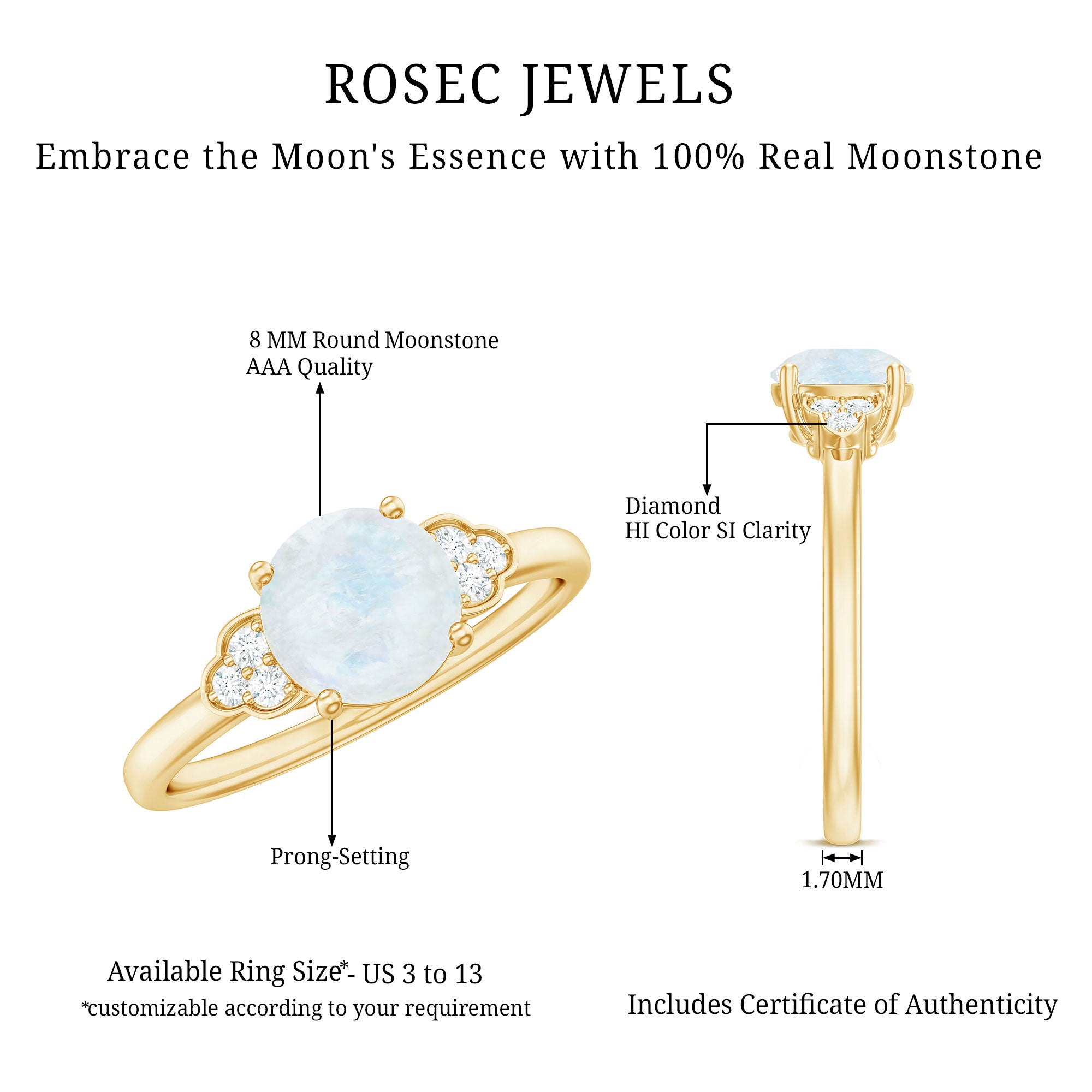 1.50 CT Moonstone Solitaire Engagement Ring with Diamond Trio AAA - Rosec Jewels