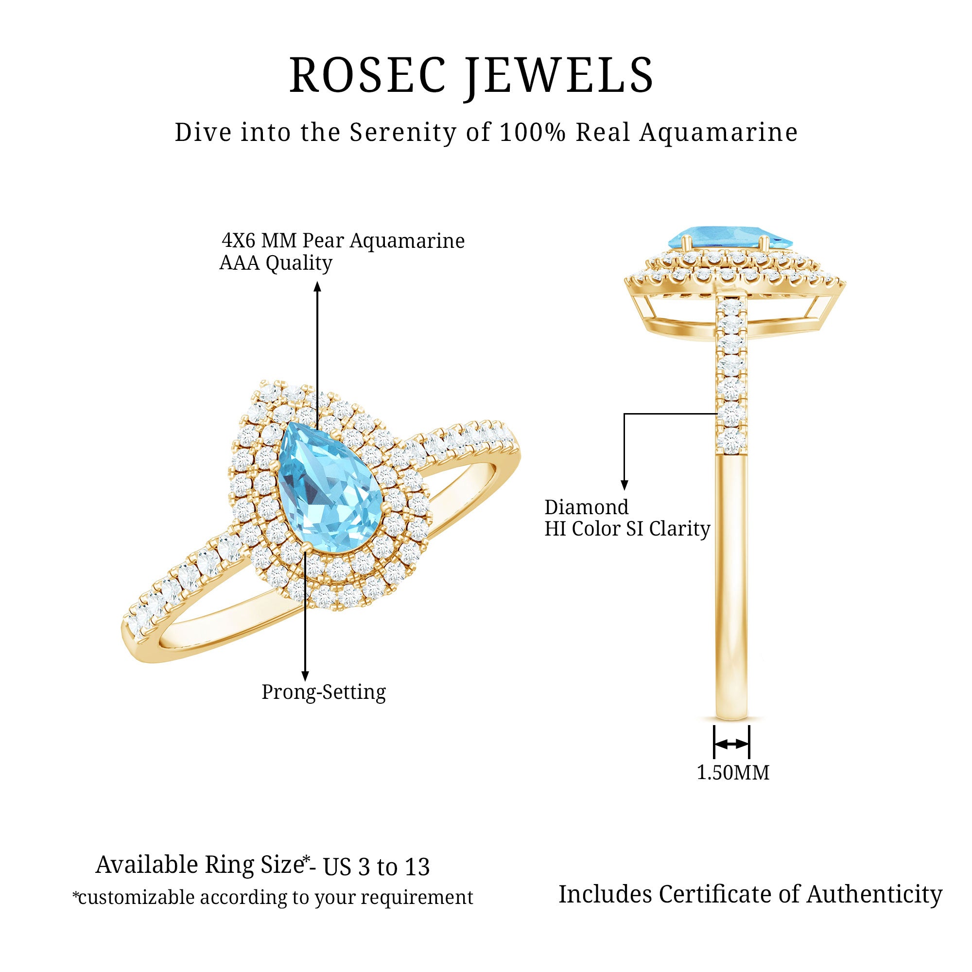 Classic Aquamarine and Diamond Teardrop Engagement Ring with Double Halo AAA - Rosec Jewels