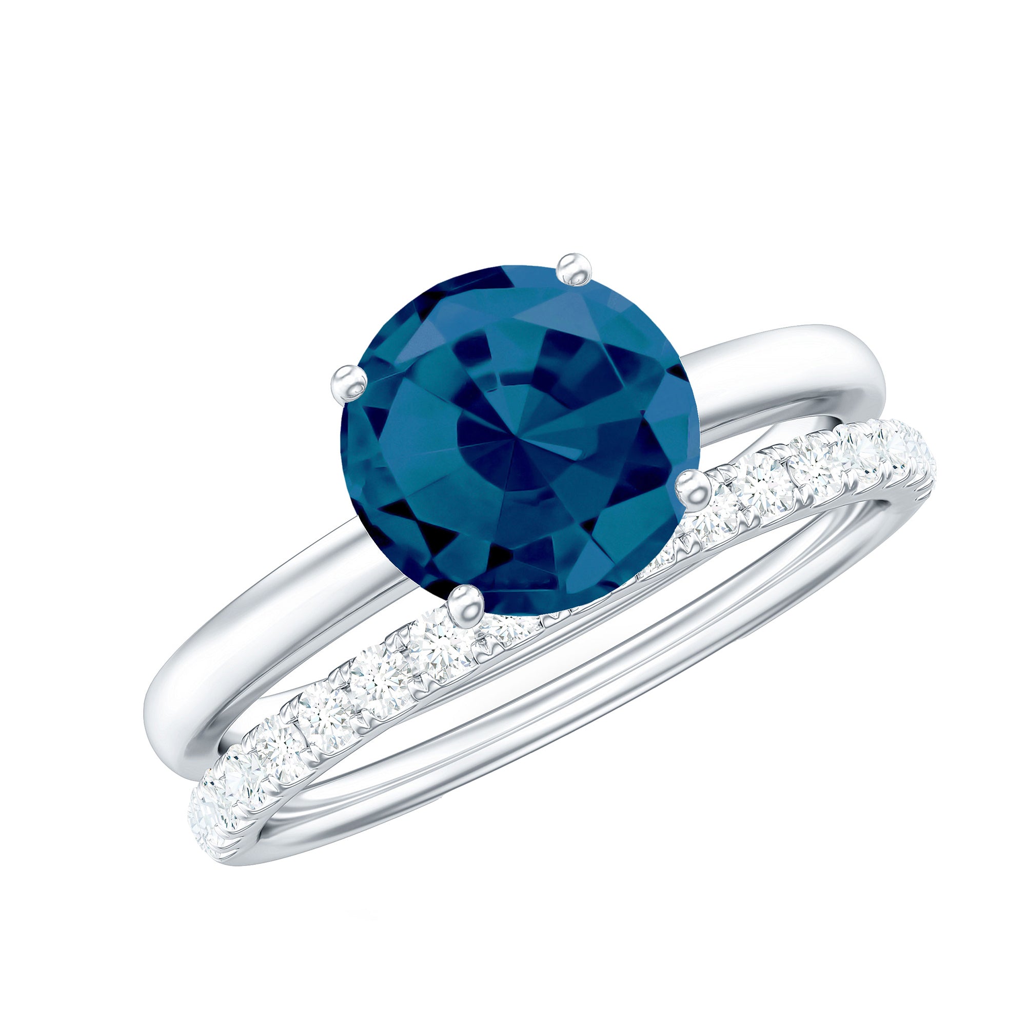 8mm Round London Blue Topaz Solitaire Engagement Ring with Diamond Band