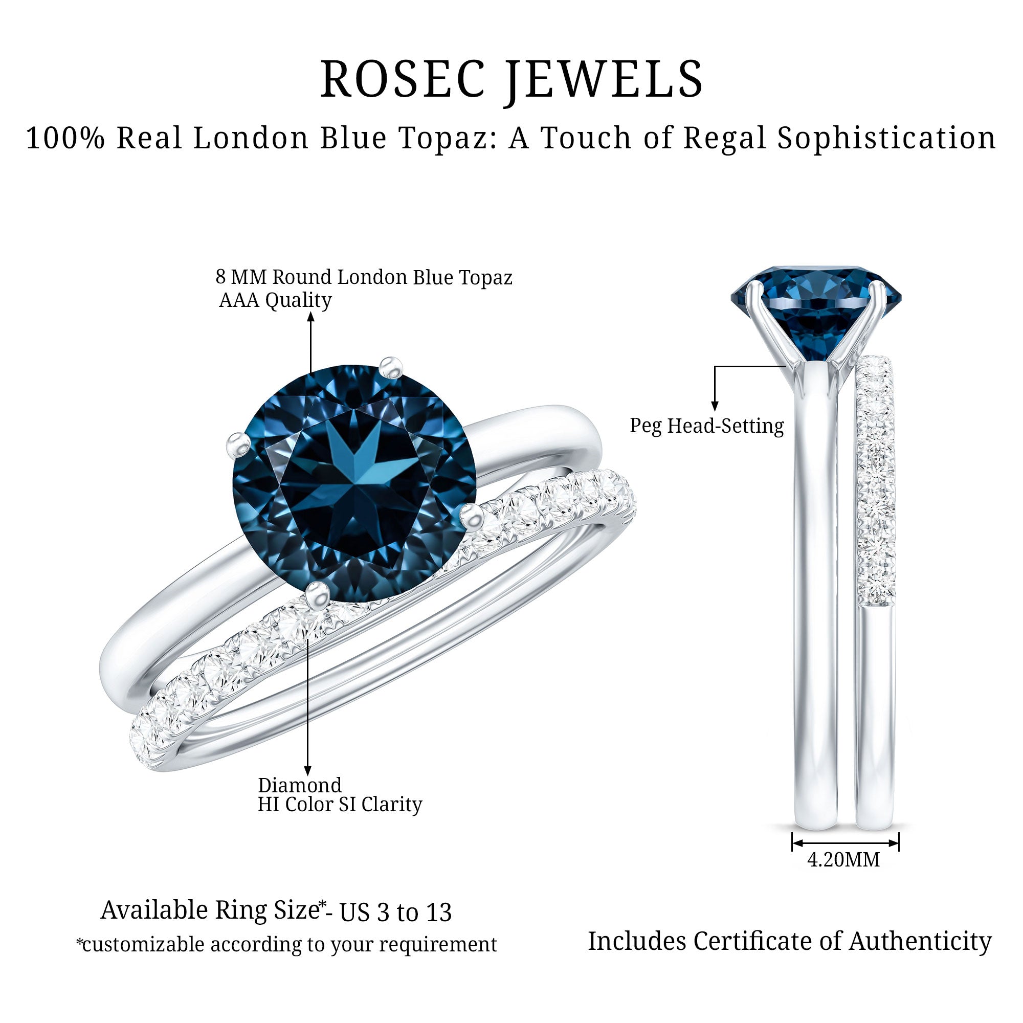 2 Carat Round London Blue Topaz Solitaire Engagement Ring with Diamond Band AAA - Rosec Jewels