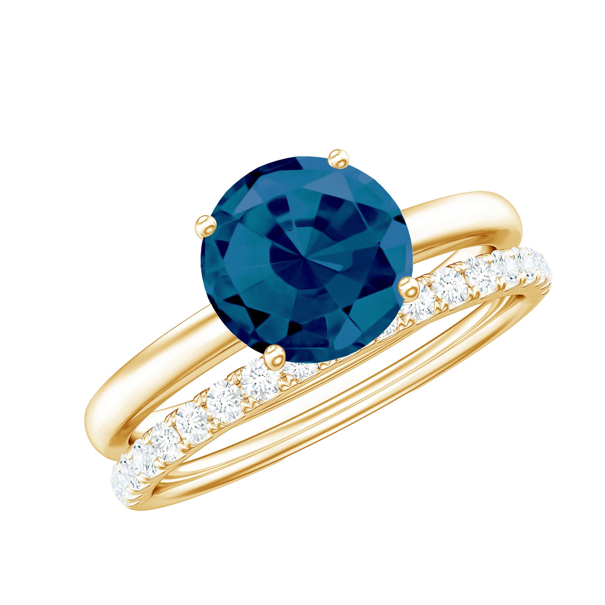Rosec Jewels-8mm Round London Blue Topaz Solitaire Engagement Ring with Diamond Band