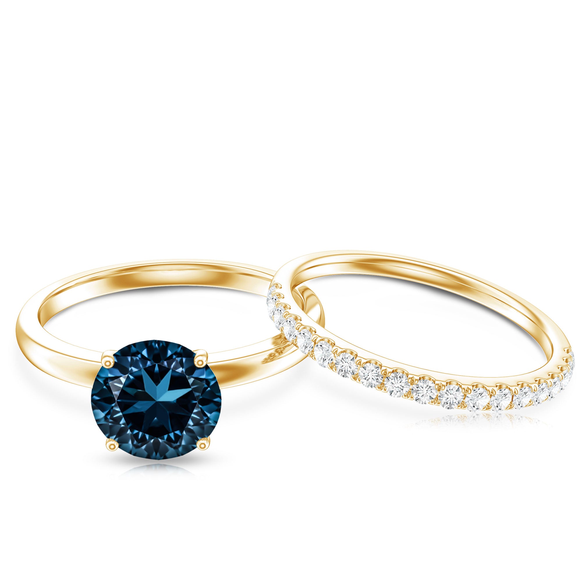 2 Carat Round London Blue Topaz Solitaire Engagement Ring with Diamond Band AAA - Rosec Jewels