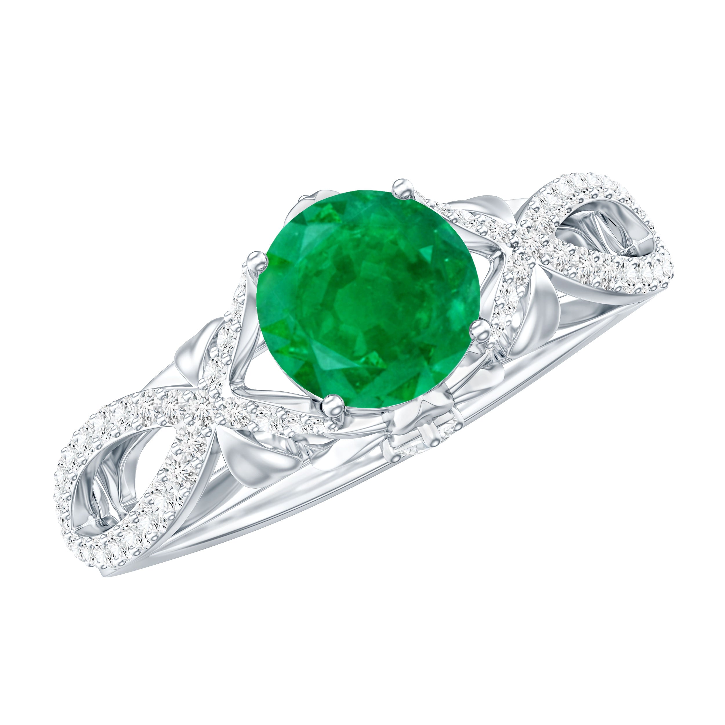 Designer Emerald Crossover Engagement Ring with Diamond AAA - Rosec Jewels