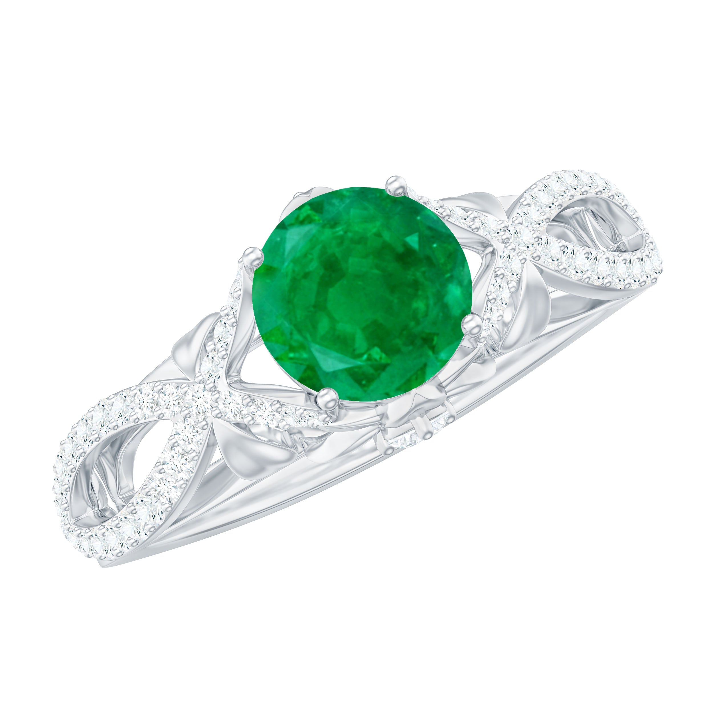 Designer Emerald Crossover Engagement Ring with Diamond AAA - Rosec Jewels