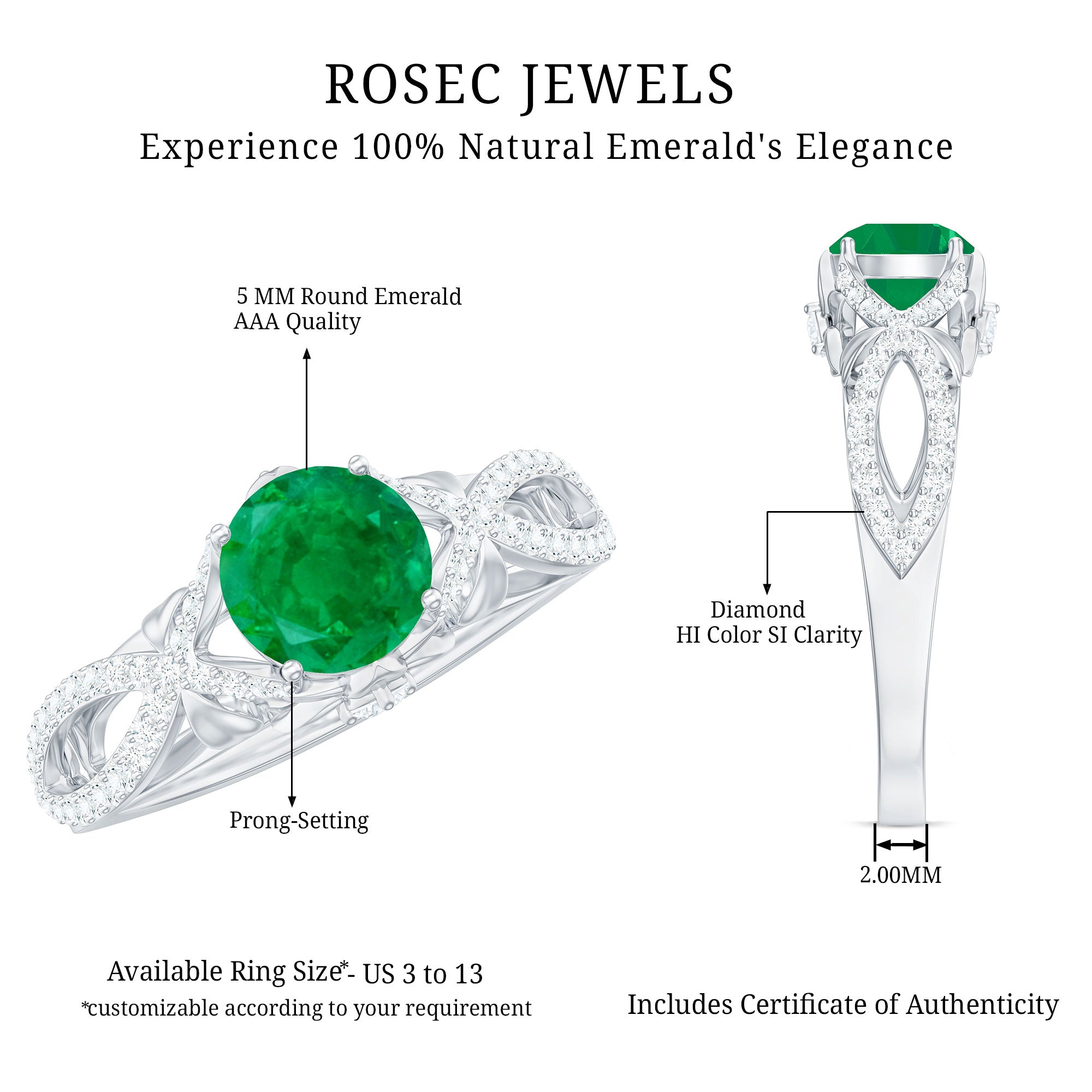 Designer Emerald Crossover Engagement Ring with Diamond AAA - Rosec Jewels