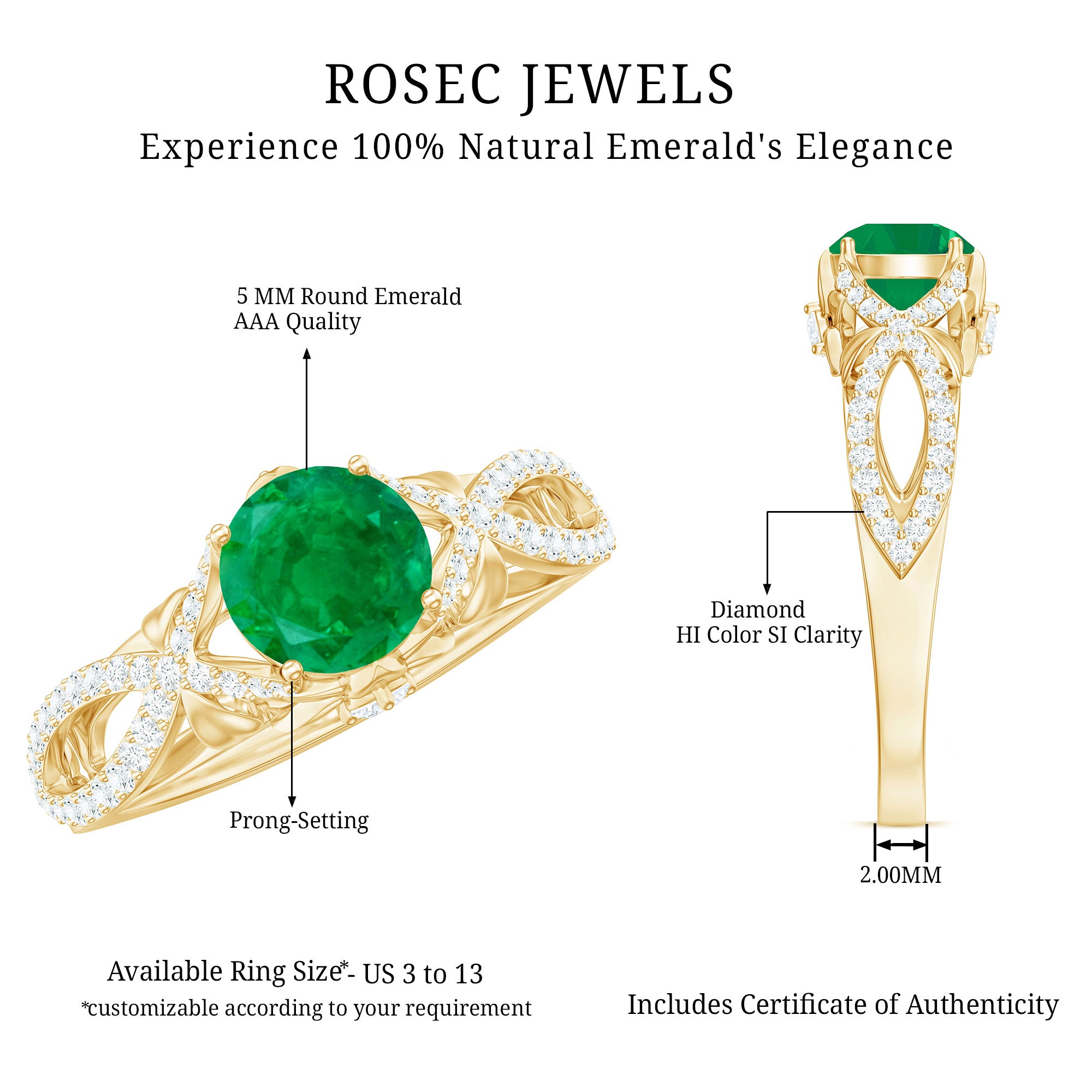 Designer Emerald Crossover Engagement Ring with Diamond AAA - Rosec Jewels