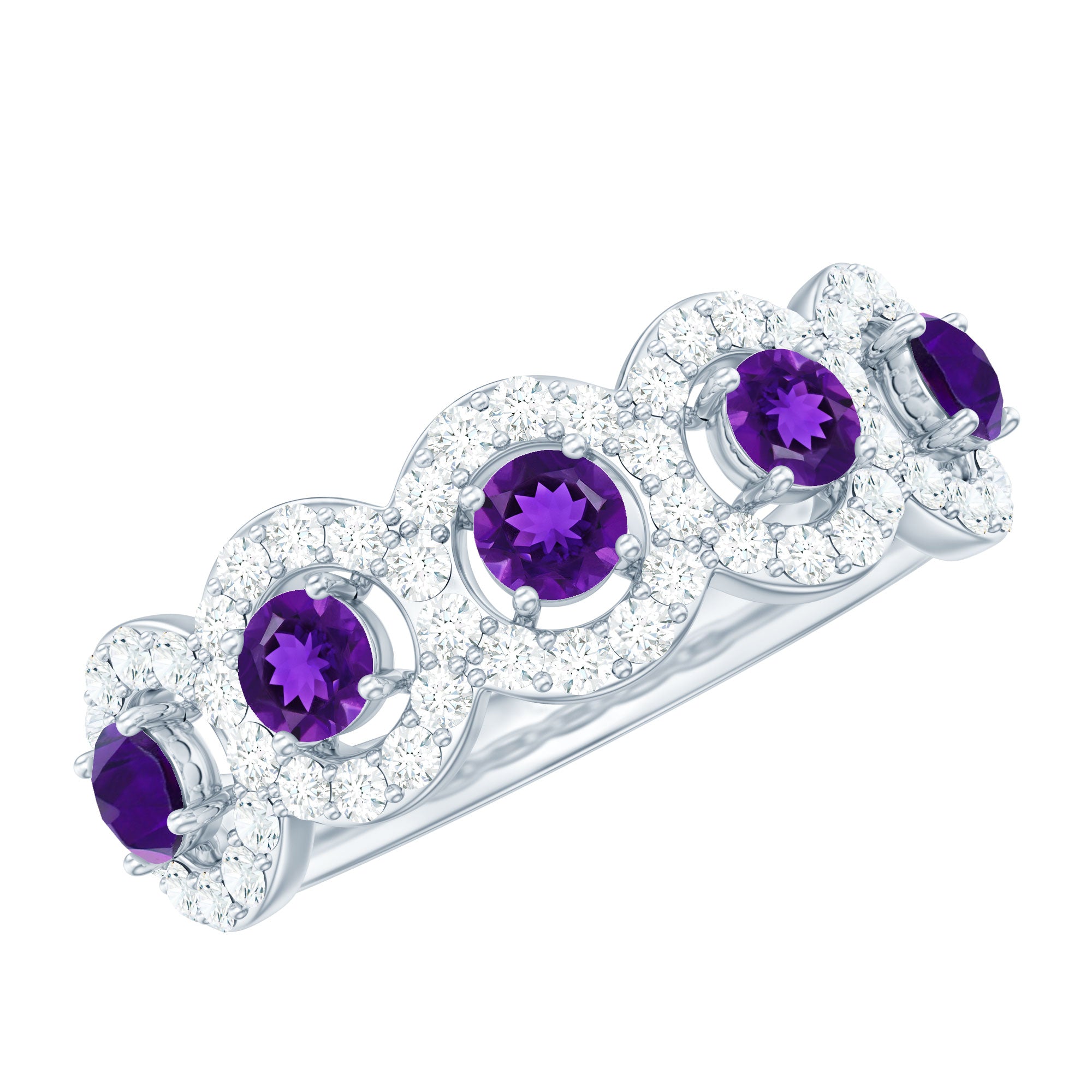 1.25 CT Classic Amethyst Half Eternity Band Ring with Diamond Halo