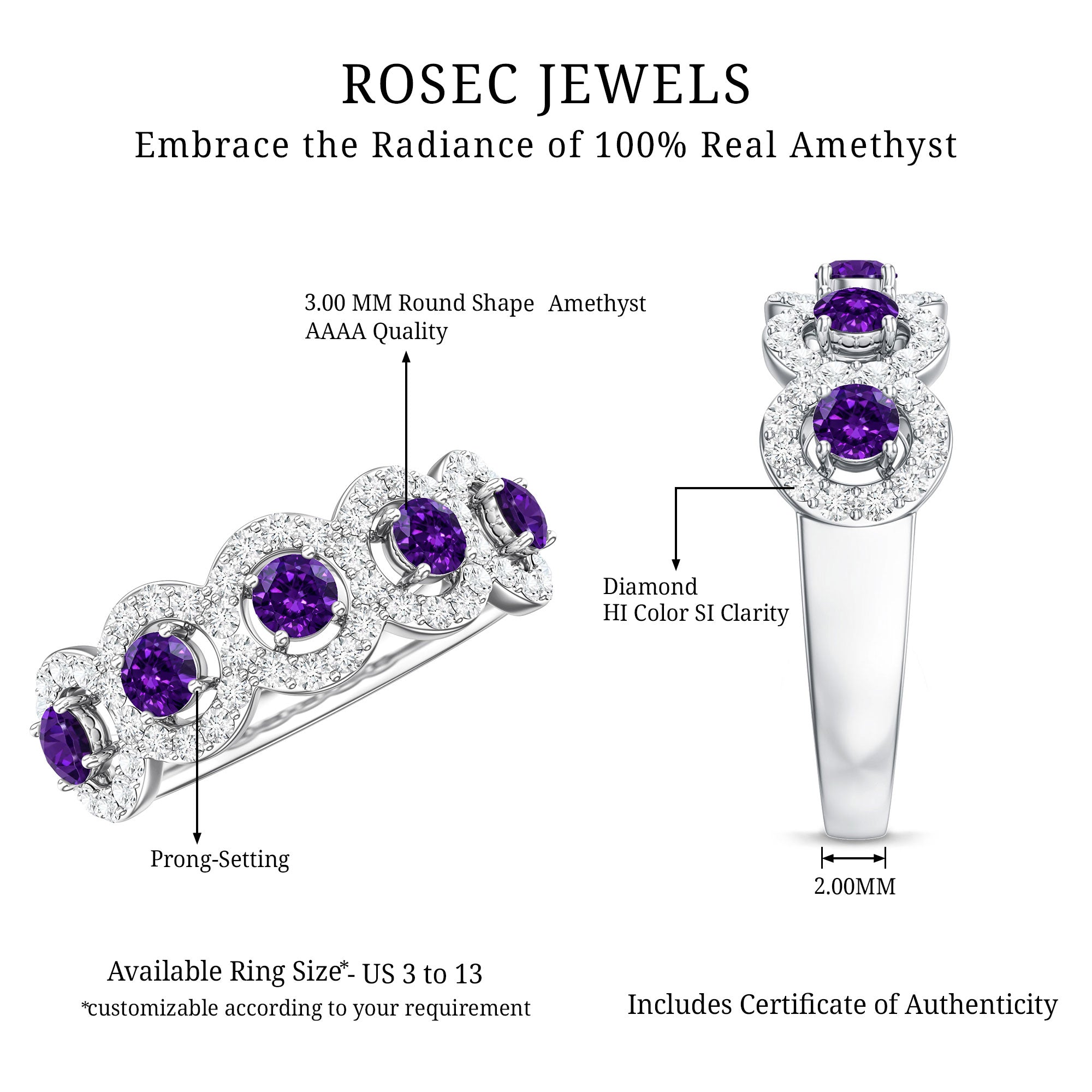 Natural Amethyst Diamond Half Eternity Band Ring for Women AAA - Rosec Jewels