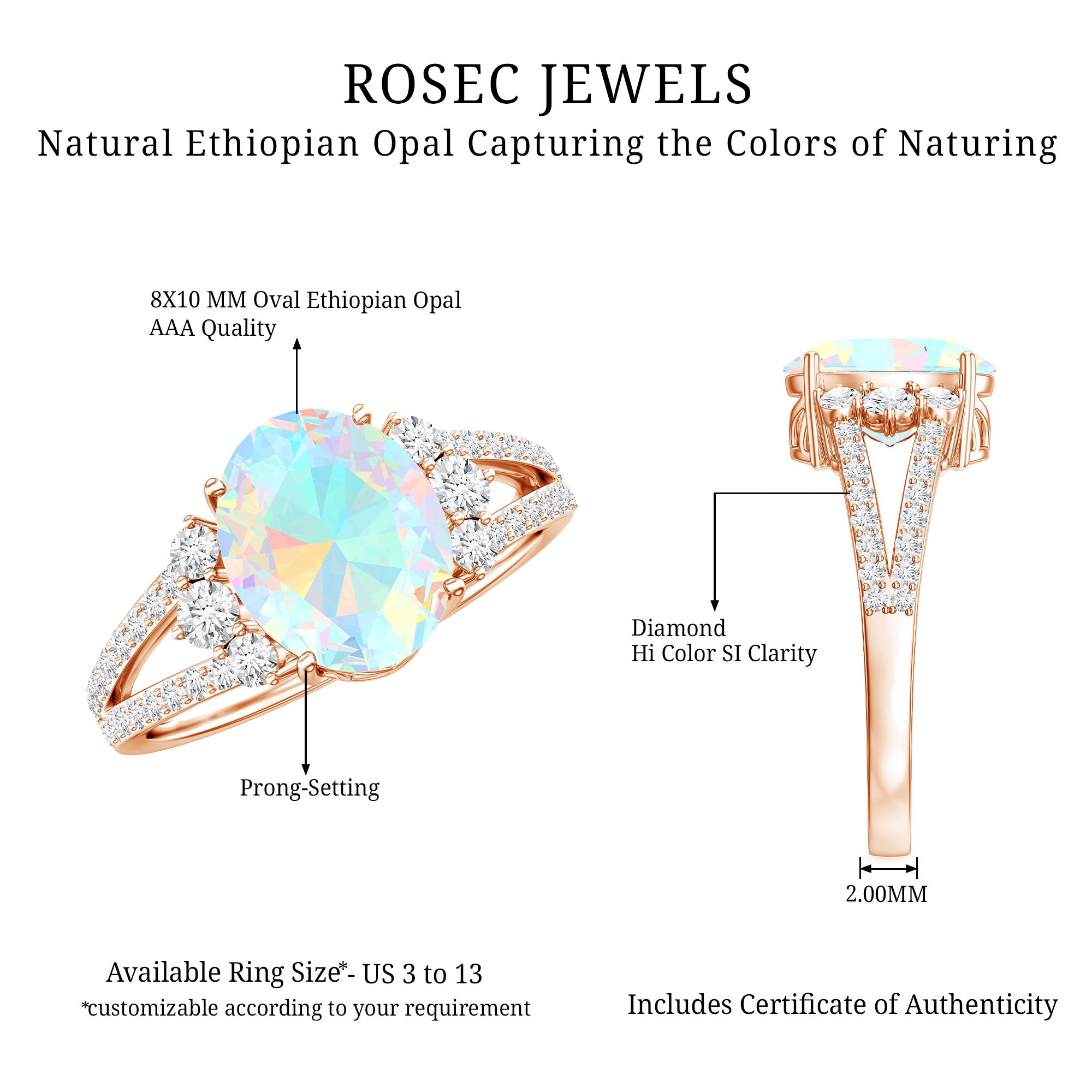 Certified 8X10 mm Ethiopian Opal Oval Engagement Ring with Diamond AAA - Rosec Jewels