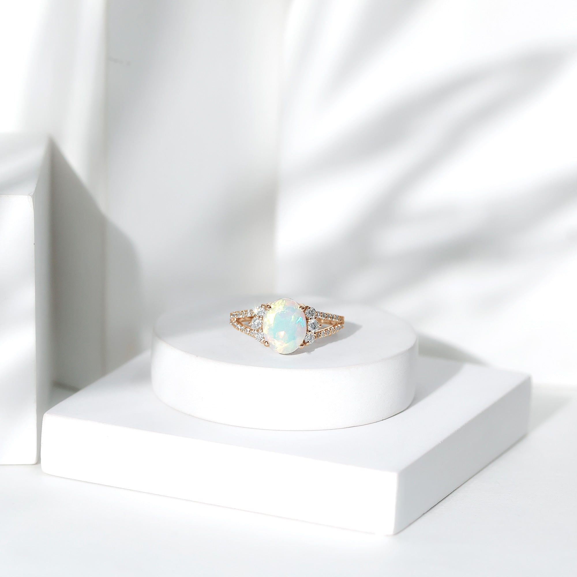 Certified 8X10 mm Ethiopian Opal Oval Engagement Ring with Diamond AAA - Rosec Jewels