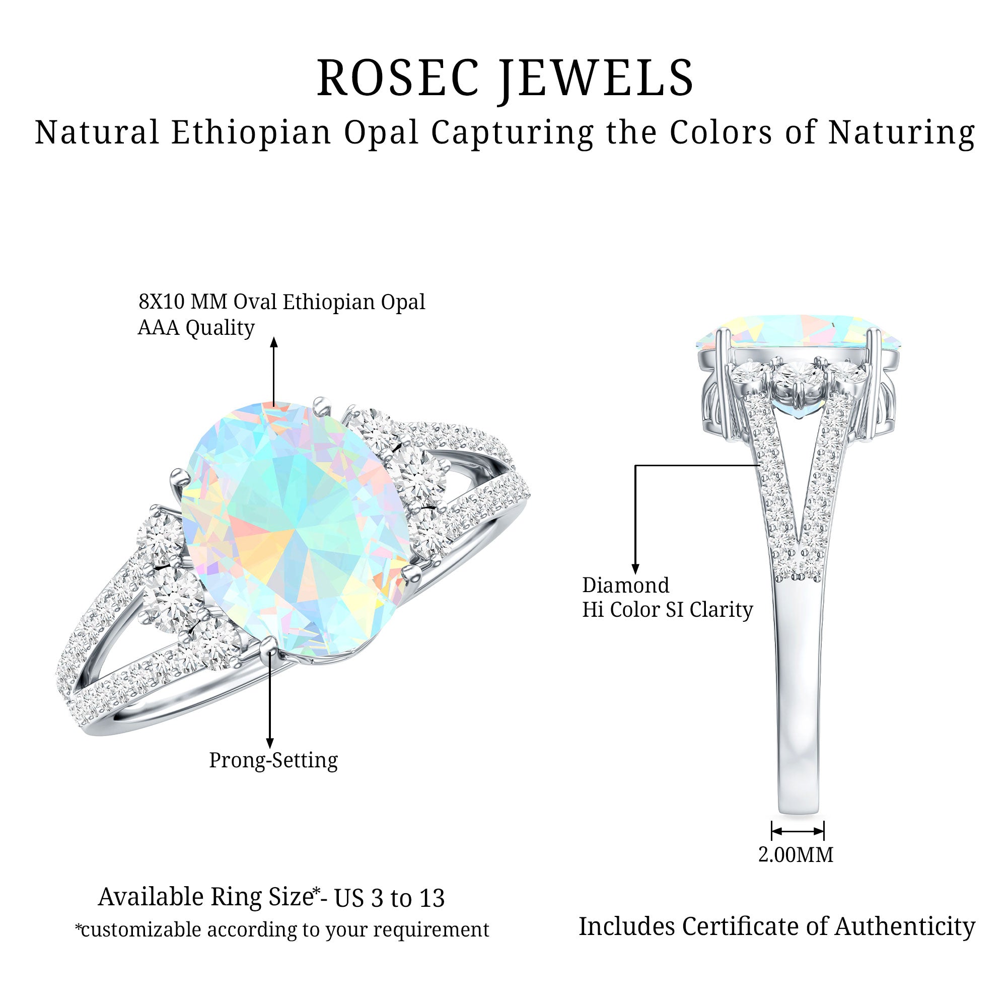 Certified 8X10 mm Ethiopian Opal Oval Engagement Ring with Diamond AAA - Rosec Jewels