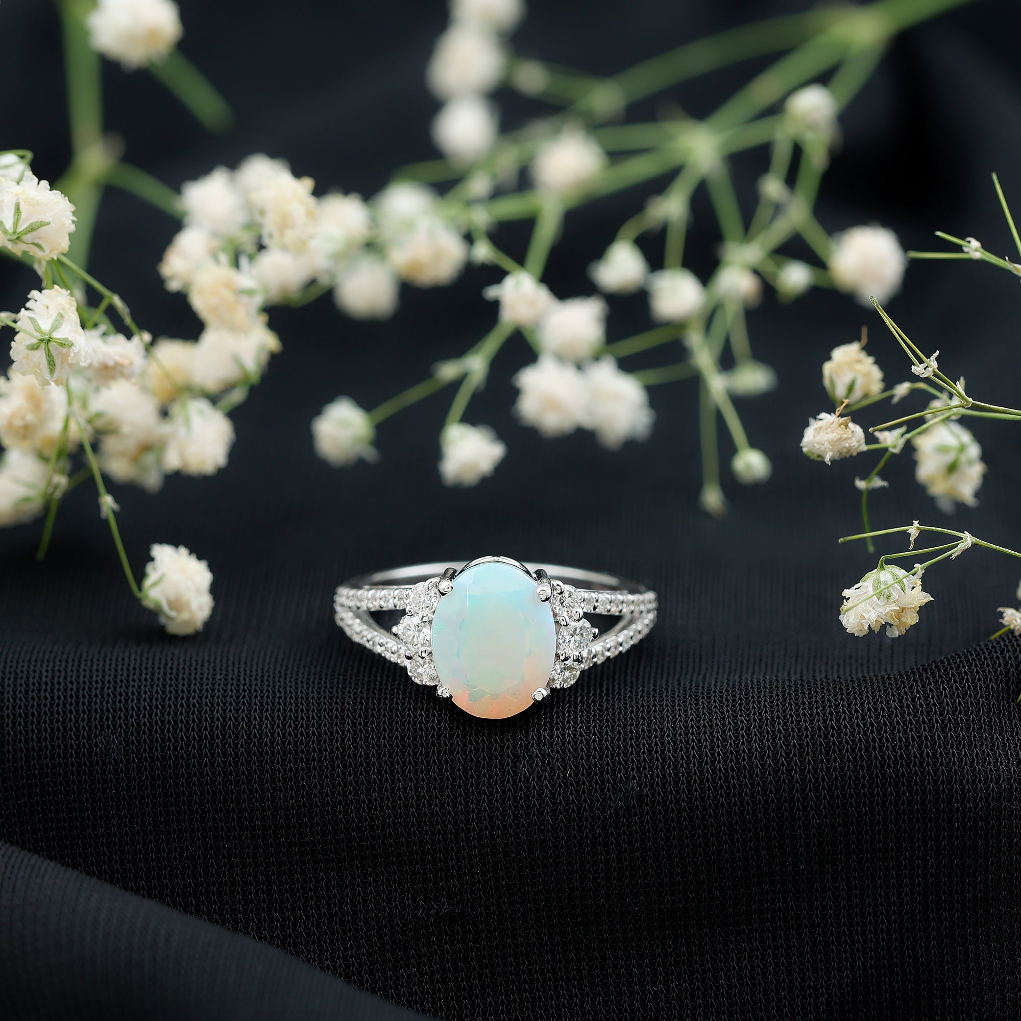 Certified 8X10 mm Ethiopian Opal Oval Engagement Ring with Diamond AAA - Rosec Jewels