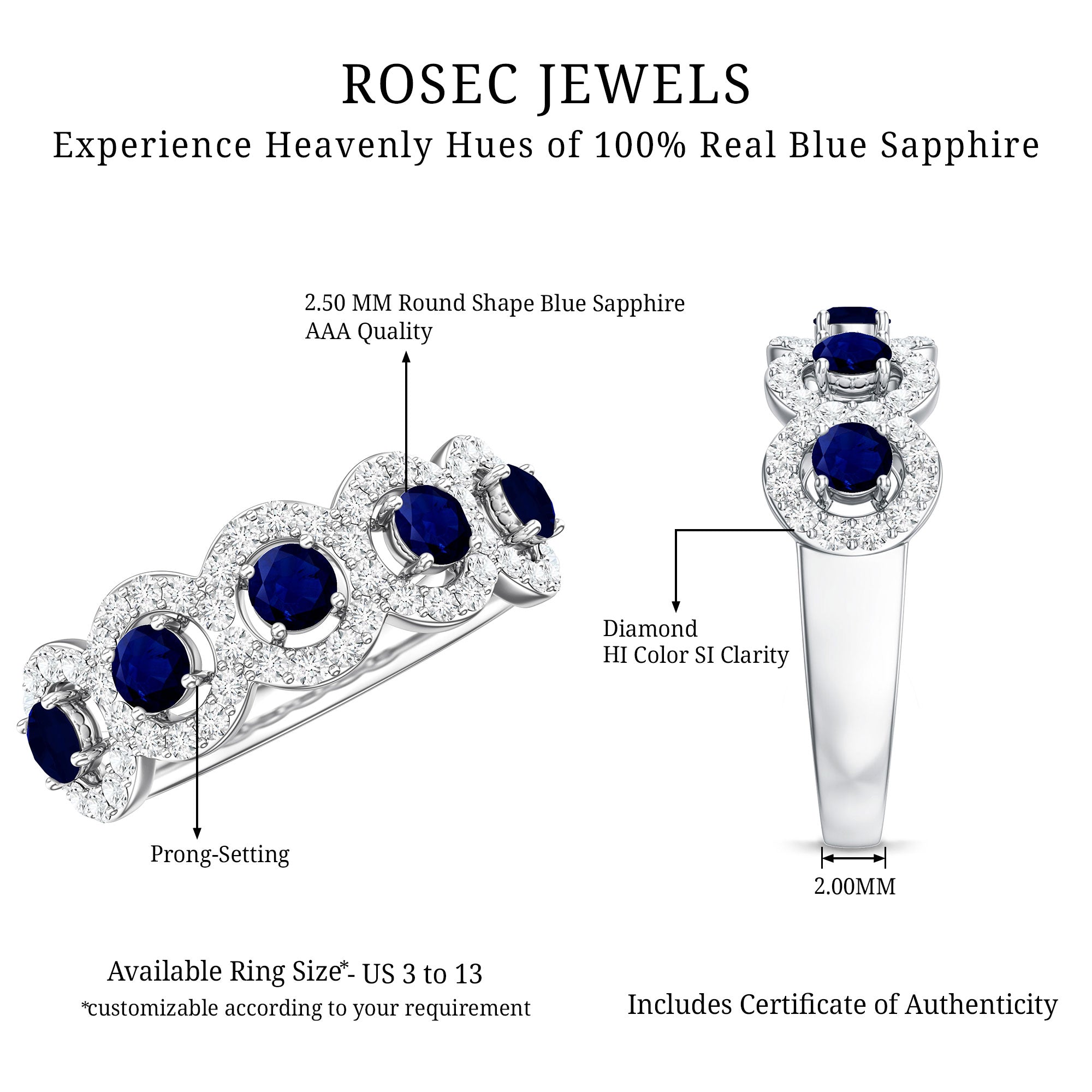 Classic Blue Sapphire Half Eternity Anniversary Ring with Diamond AAA - Rosec Jewels