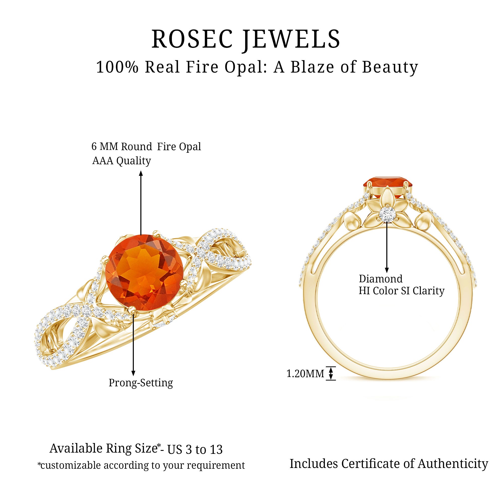 0.7 Carat Fire Opal Crossover Engagement Ring with Diamond AAA - Rosec Jewels