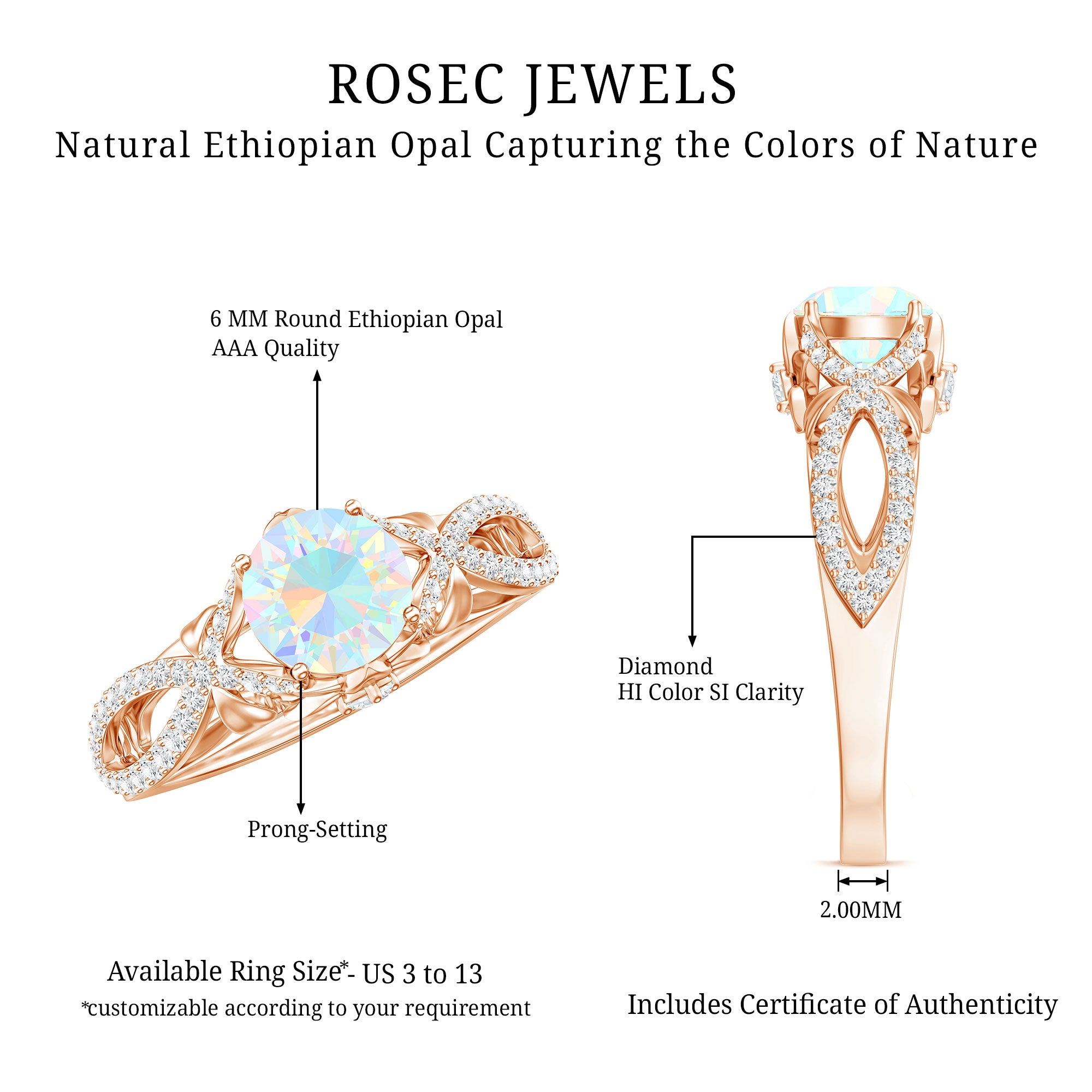Ethiopian Opal and Diamond Engagement Ring with Crossover Shank AAA - Rosec Jewels