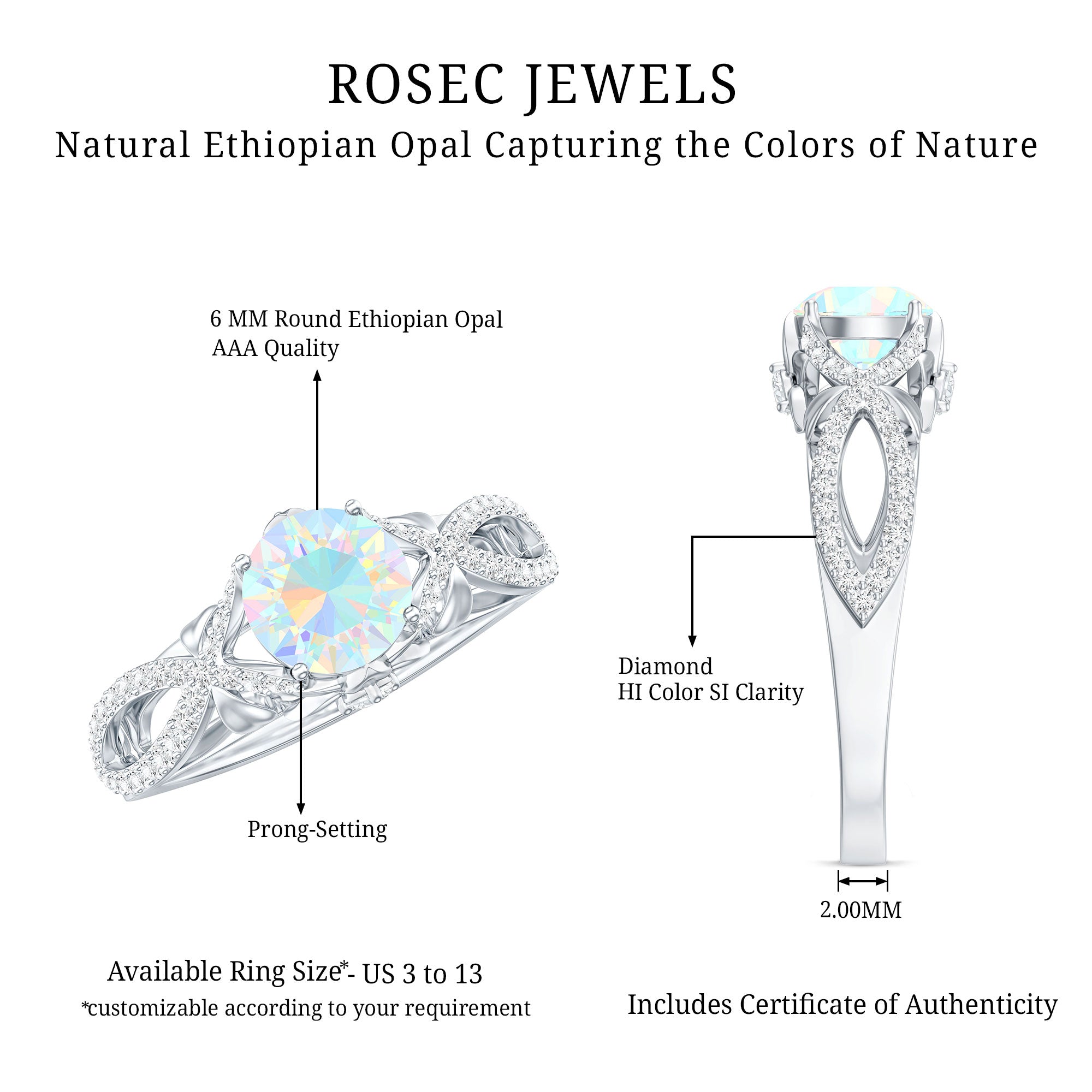 Ethiopian Opal and Diamond Engagement Ring with Crossover Shank AAA - Rosec Jewels