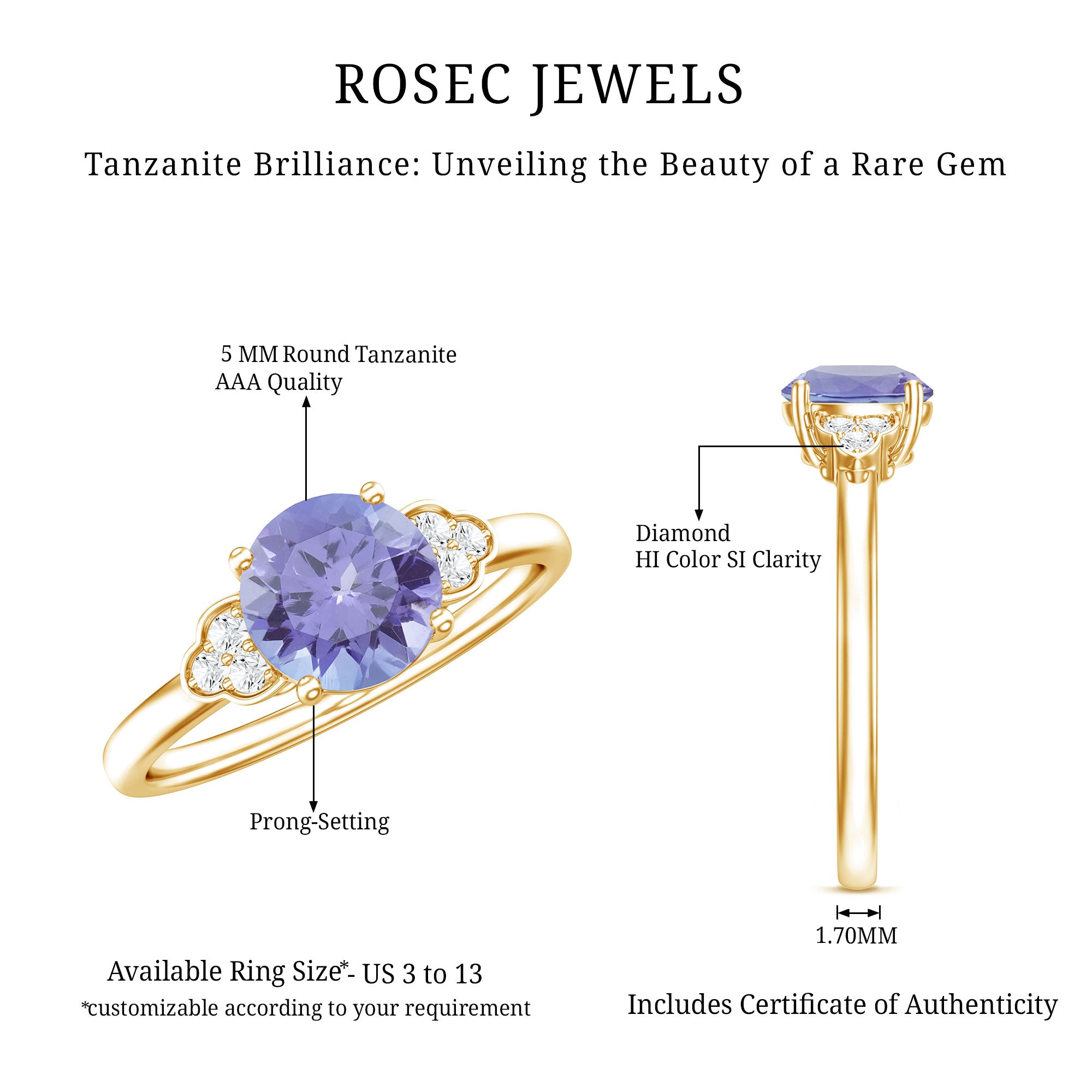 Natural Tanzanite Engagement Ring with Trio of Diamond AAA - Rosec Jewels