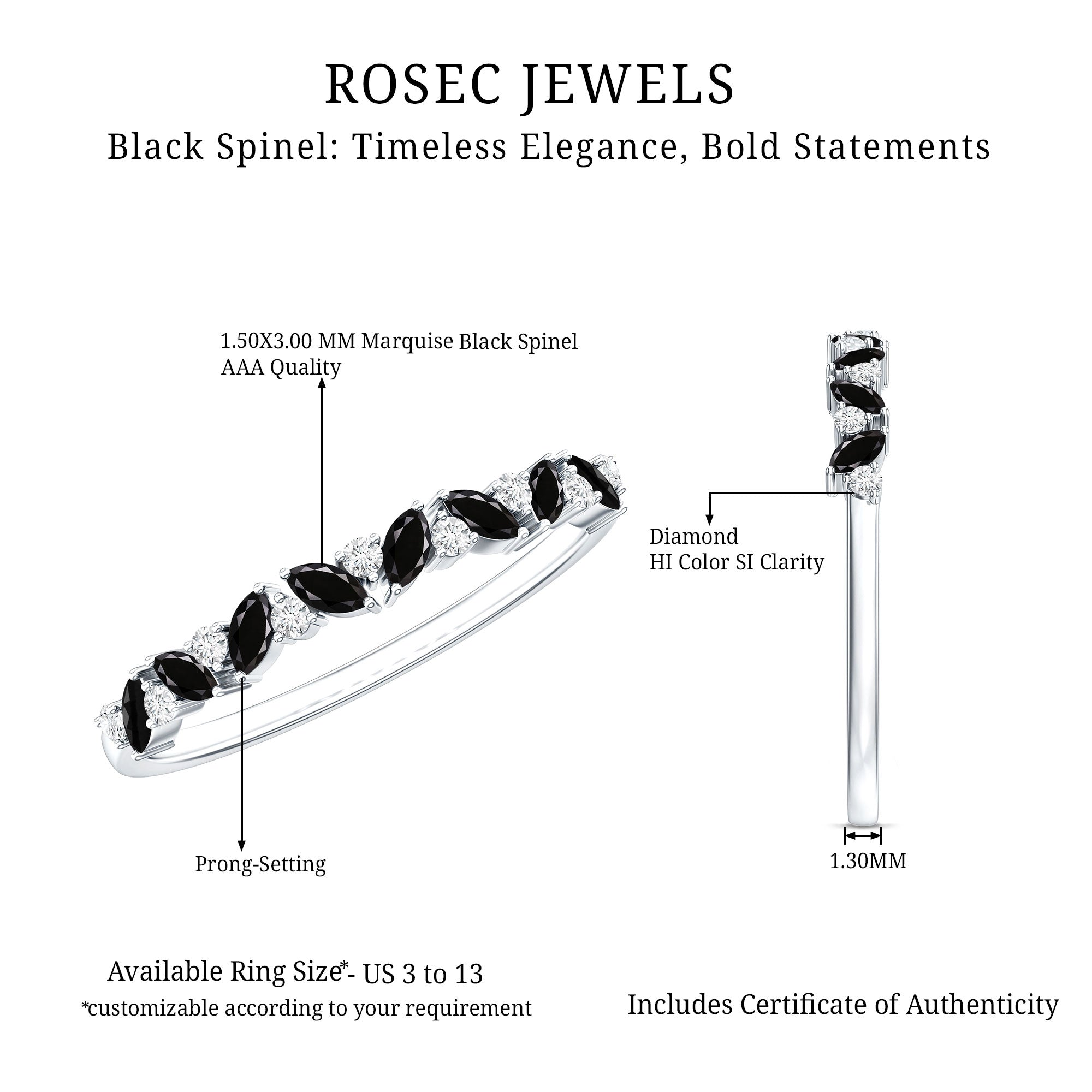 Rosec Jewels-Natural Marquise Black Spinel Diamond Half Eternity Ring