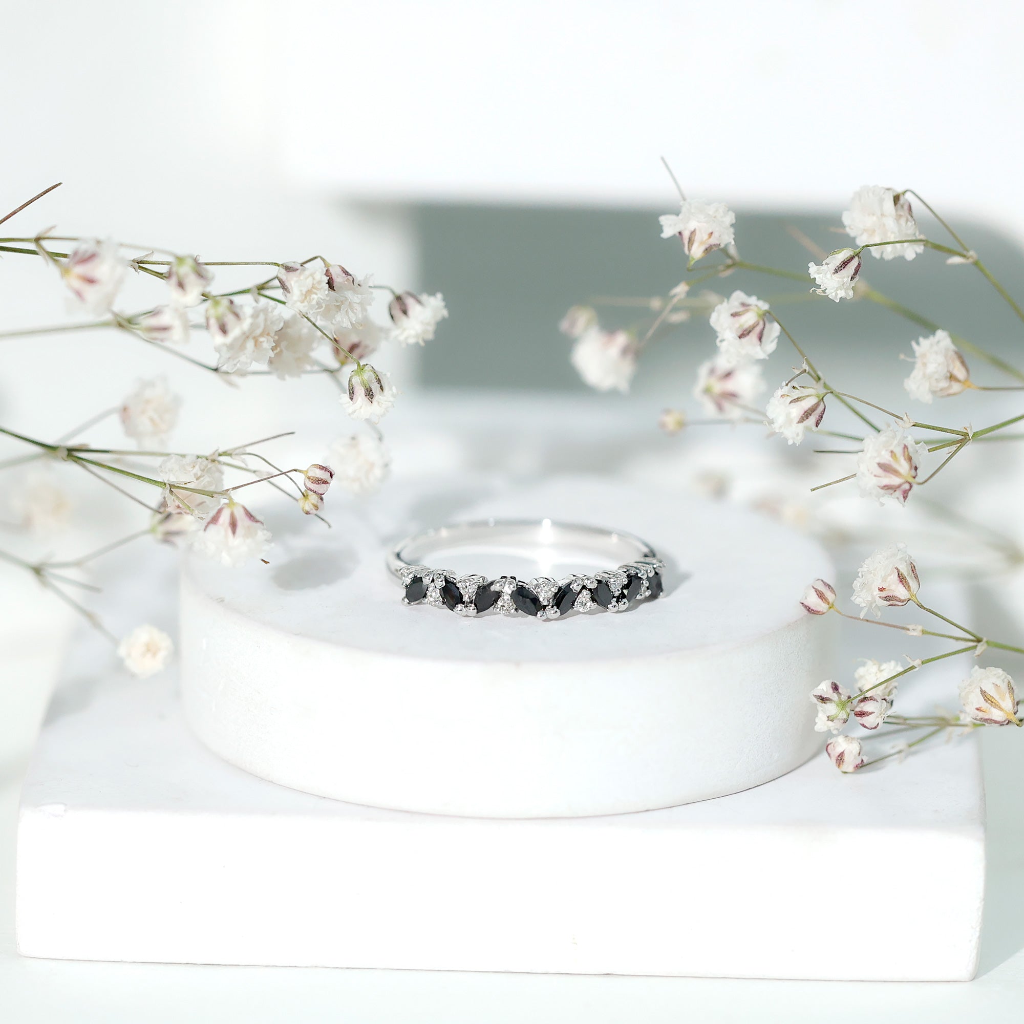 Minimalist Black Onyx and Diamond Half Eternity Ring AAA - Rosec Jewels