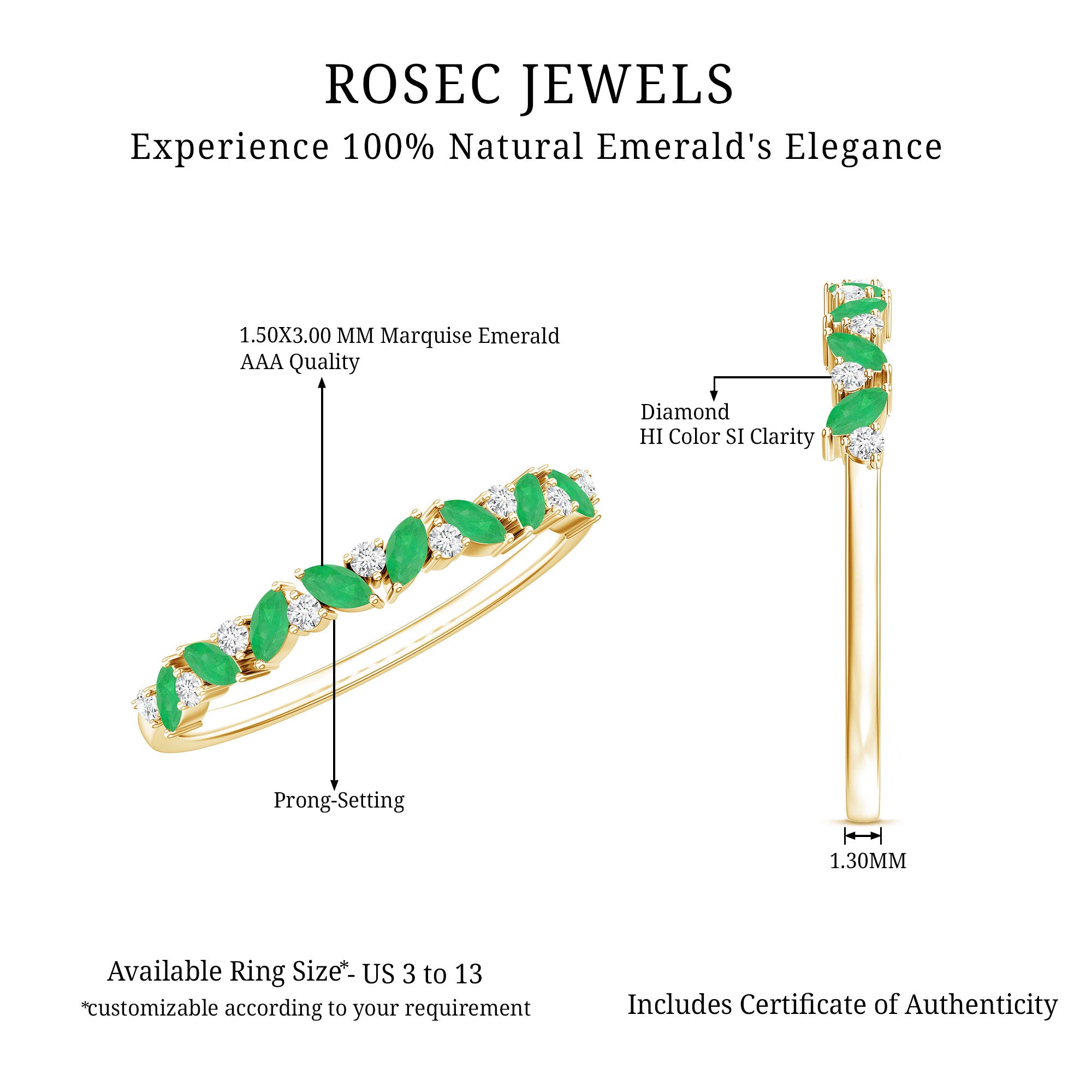 Rosec Jewels-Marquise Emerald and Diamond Half Eternity Ring