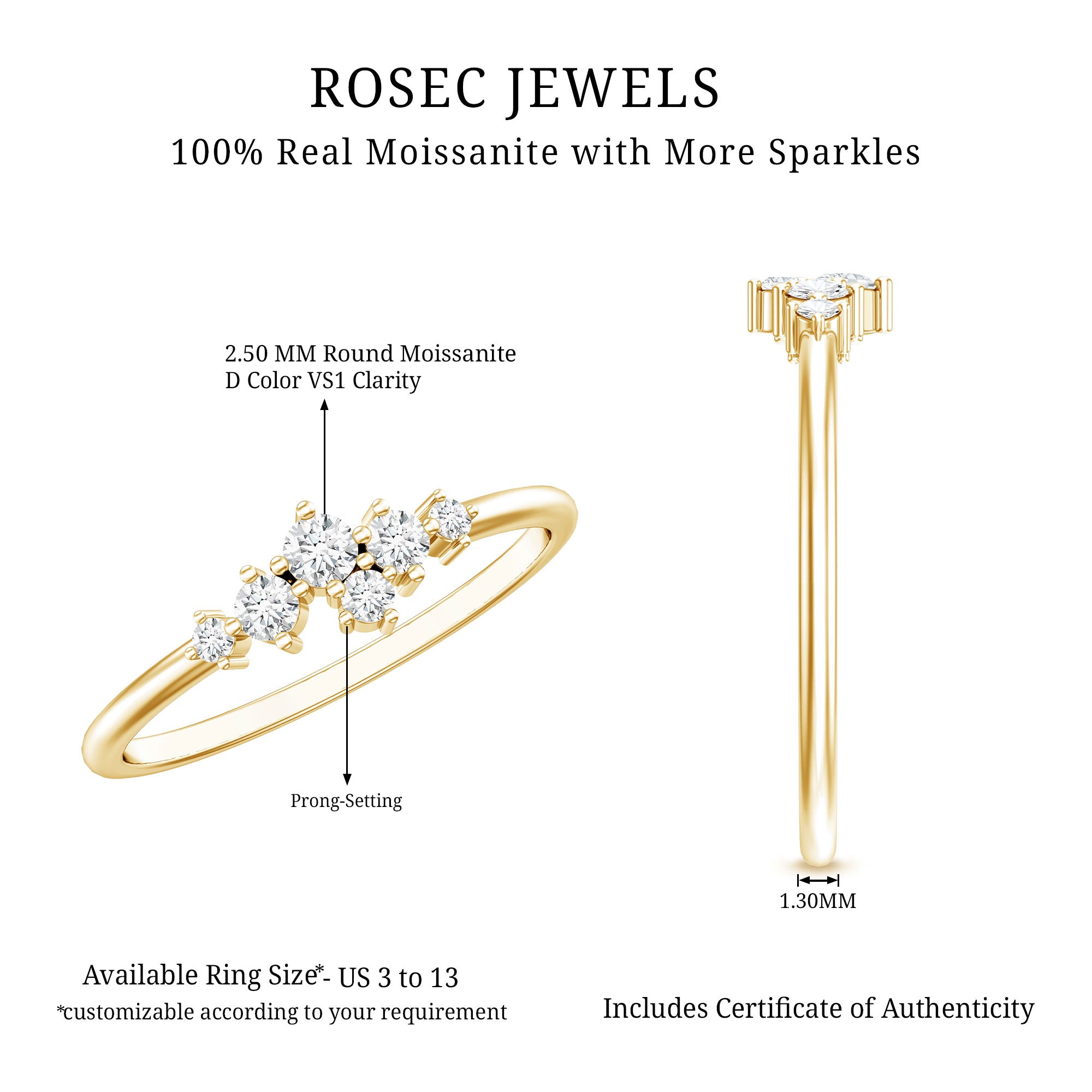 Certified Moissanite Cluster Promise Ring D-VS1 - Rosec Jewels