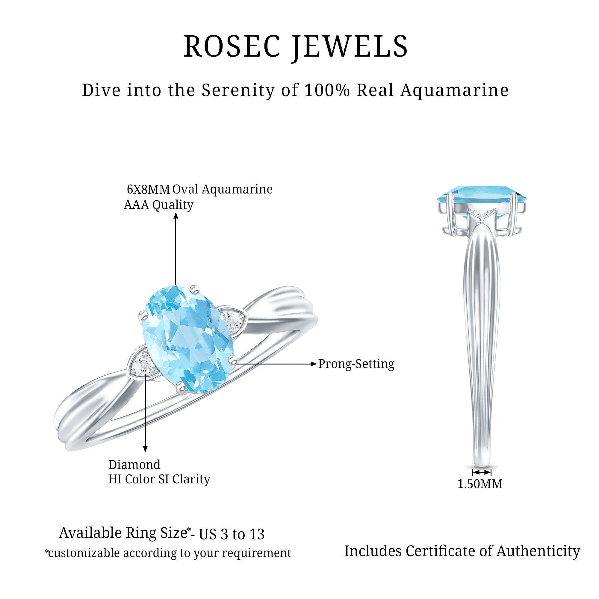 Certified Real Oval Aquamarine Engagement Ring for Women AAA - Rosec Jewels