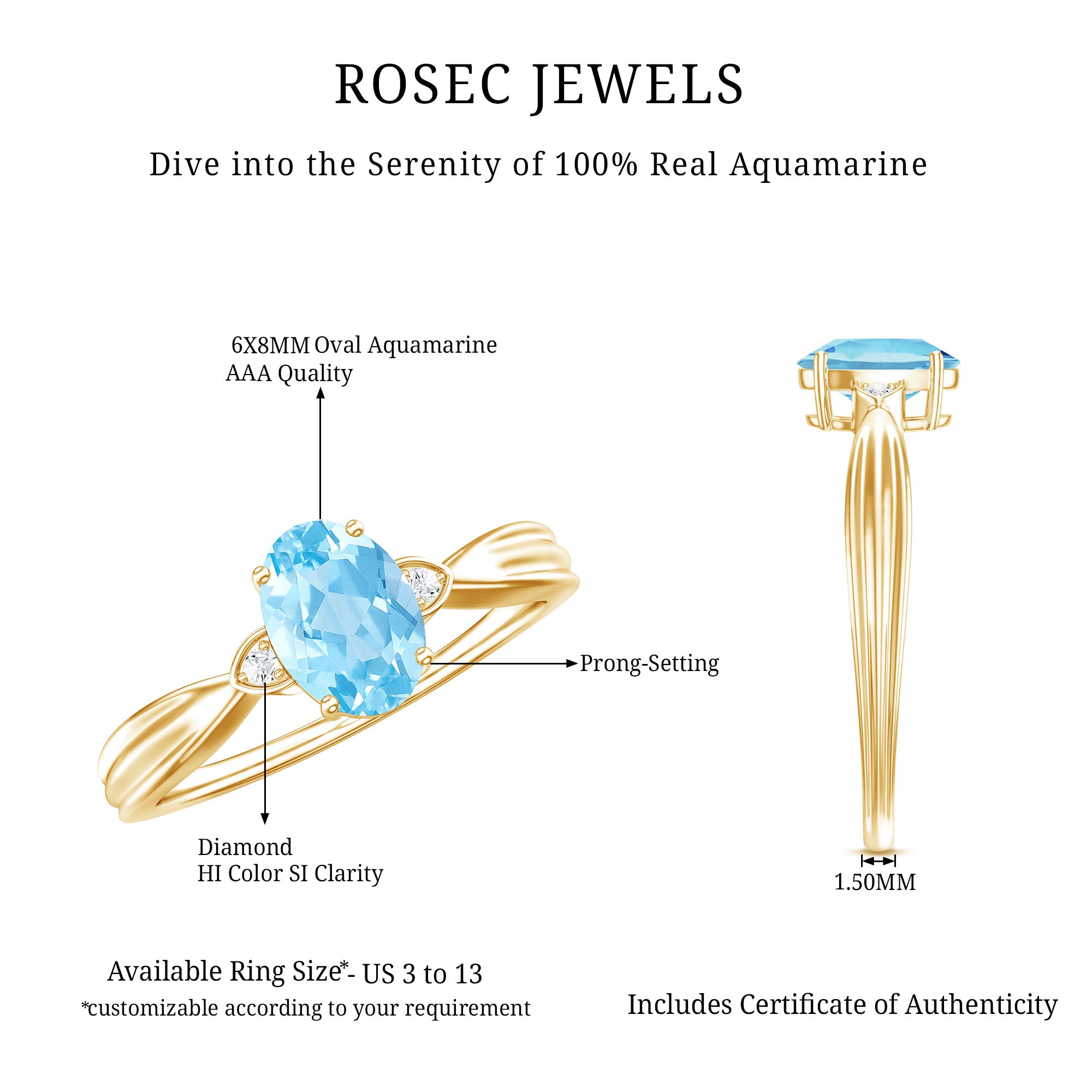 Certified Real Oval Aquamarine Engagement Ring for Women AAA - Rosec Jewels