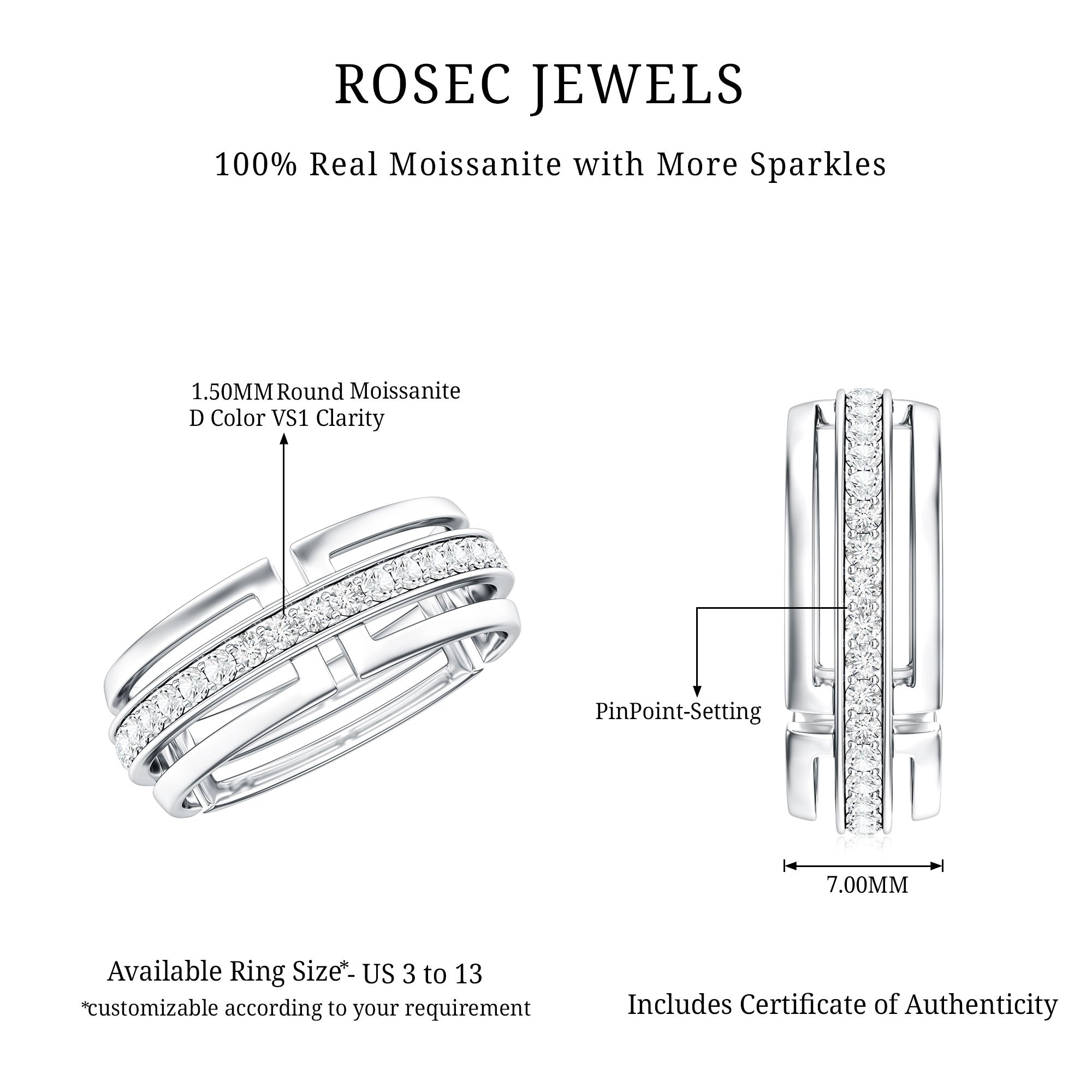 Moissanite Wedding Band in Pinpoint Setting D-VS1 - Rosec Jewels