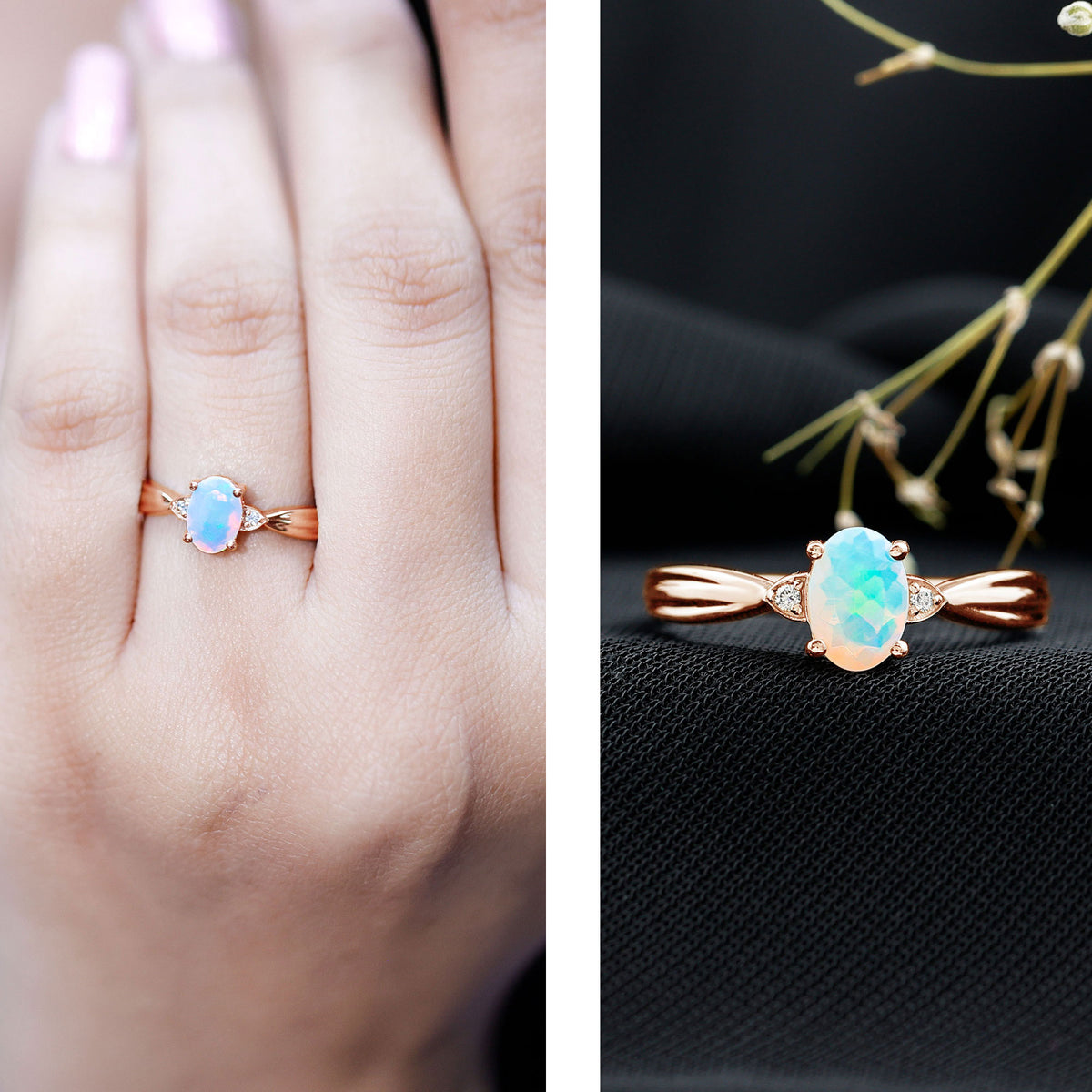 Natural Solitaire Ethiopian Opal Diamond Oval Engagement Ring With Pinched Shank AAA - Rosec Jewels