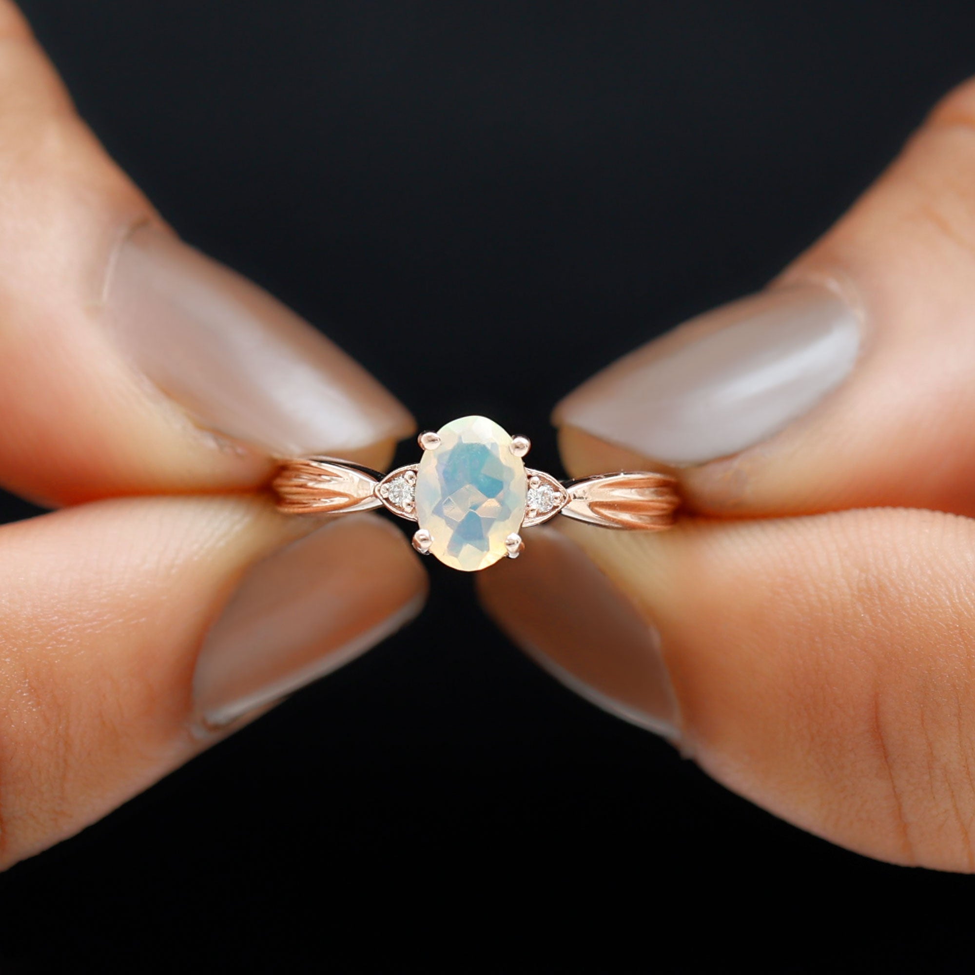 Natural Solitaire Ethiopian Opal Diamond Oval Engagement Ring With Pinched Shank AAA - Rosec Jewels