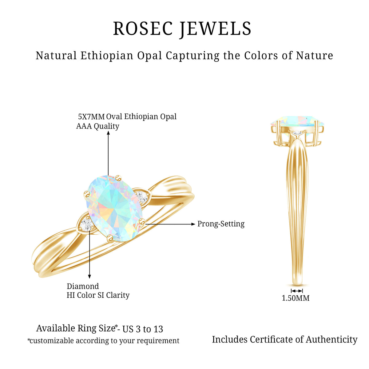 Natural Solitaire Ethiopian Opal Diamond Oval Engagement Ring With Pinched Shank AAA - Rosec Jewels