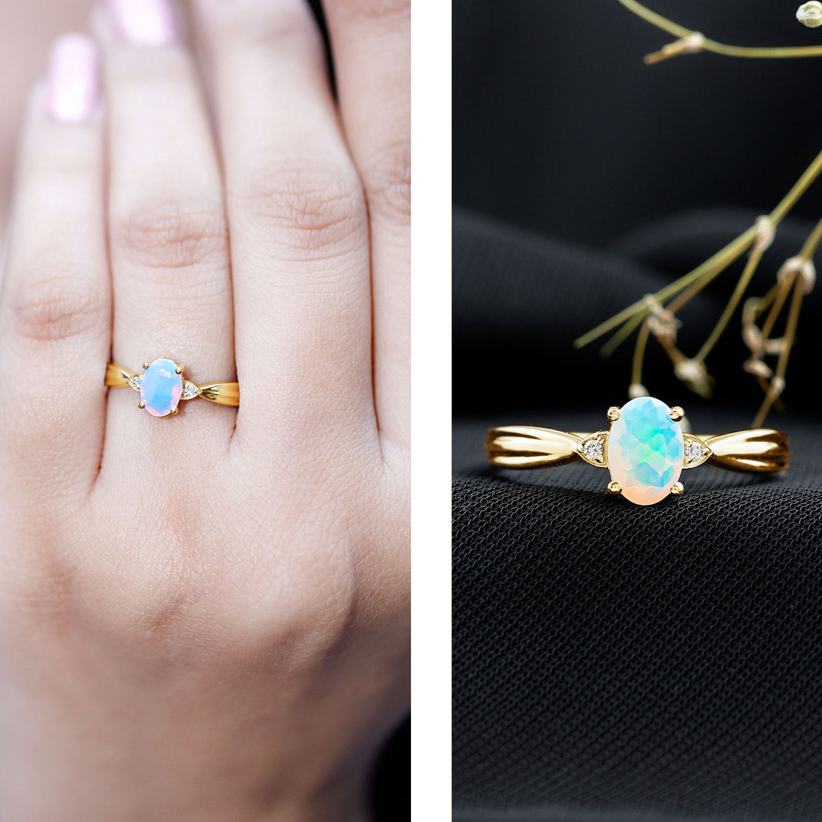 Natural Solitaire Ethiopian Opal Diamond Oval Engagement Ring With Pinched Shank AAA - Rosec Jewels