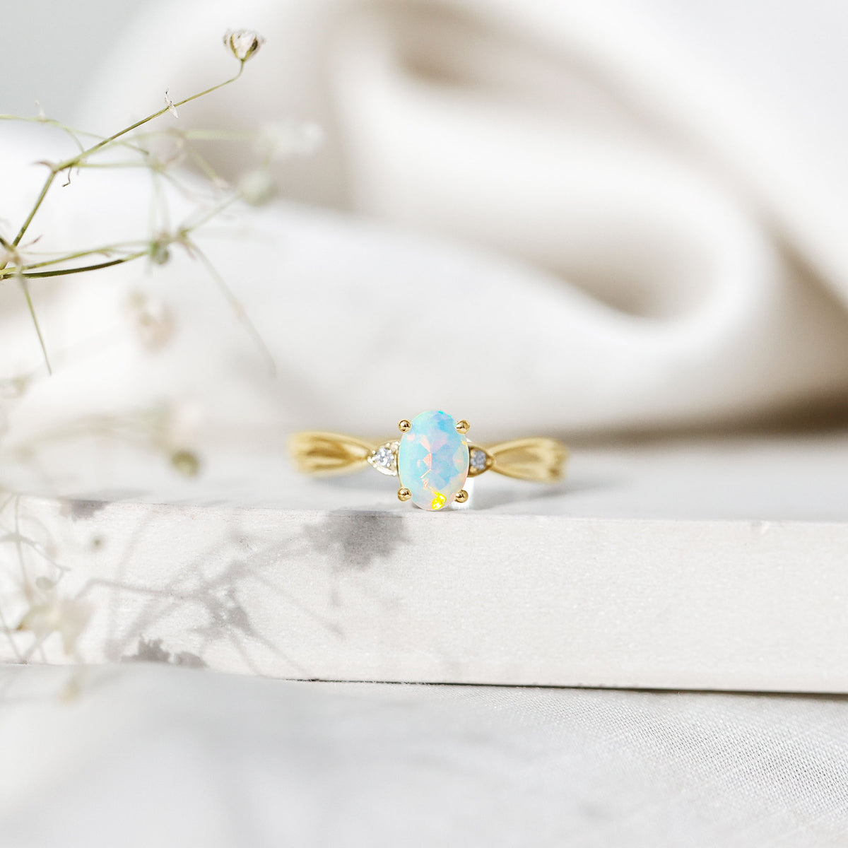 Natural Solitaire Ethiopian Opal Diamond Oval Engagement Ring With Pinched Shank AAA - Rosec Jewels
