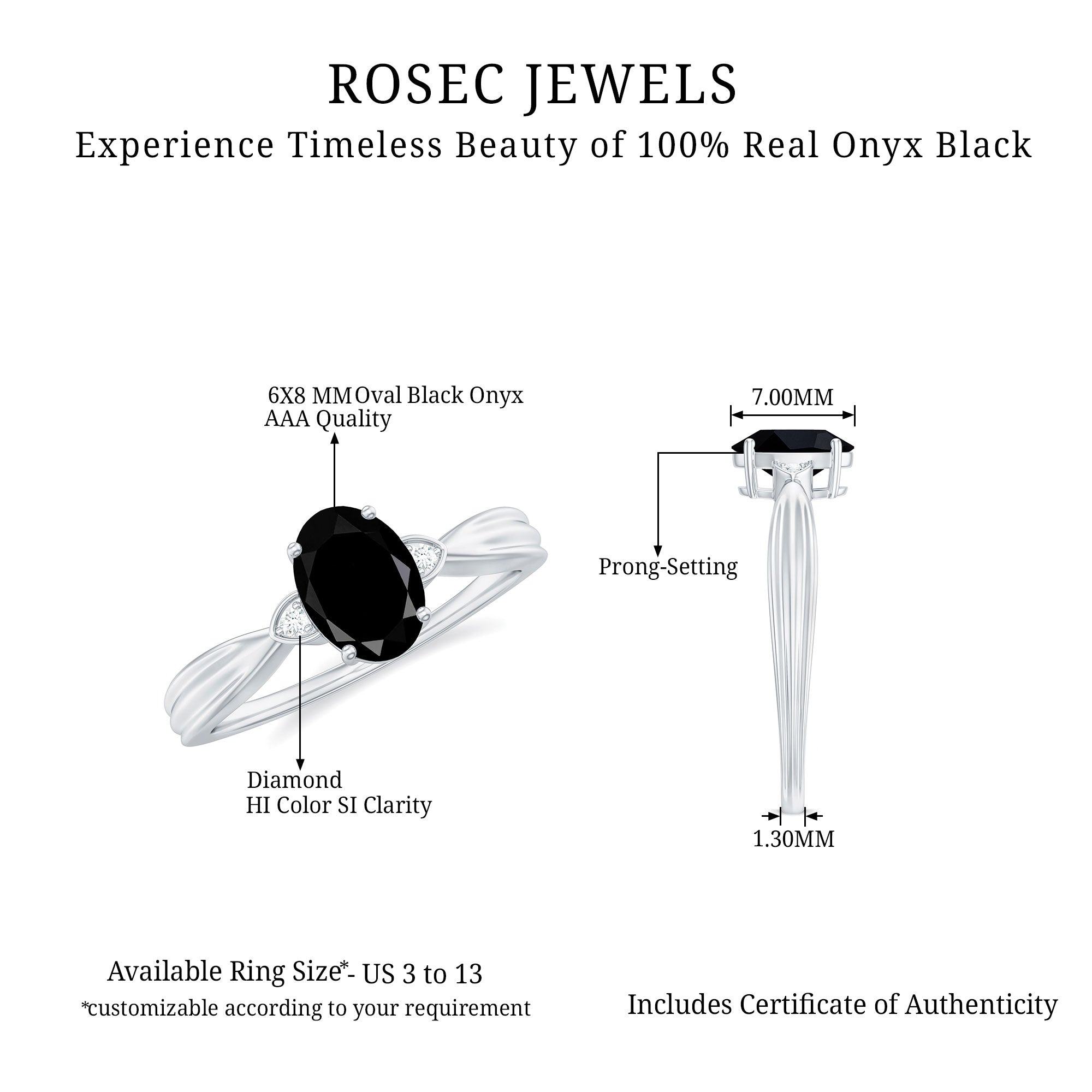 Solitaire Black Onyx Oval Engagement Ring with Diamond AAA - Rosec Jewels