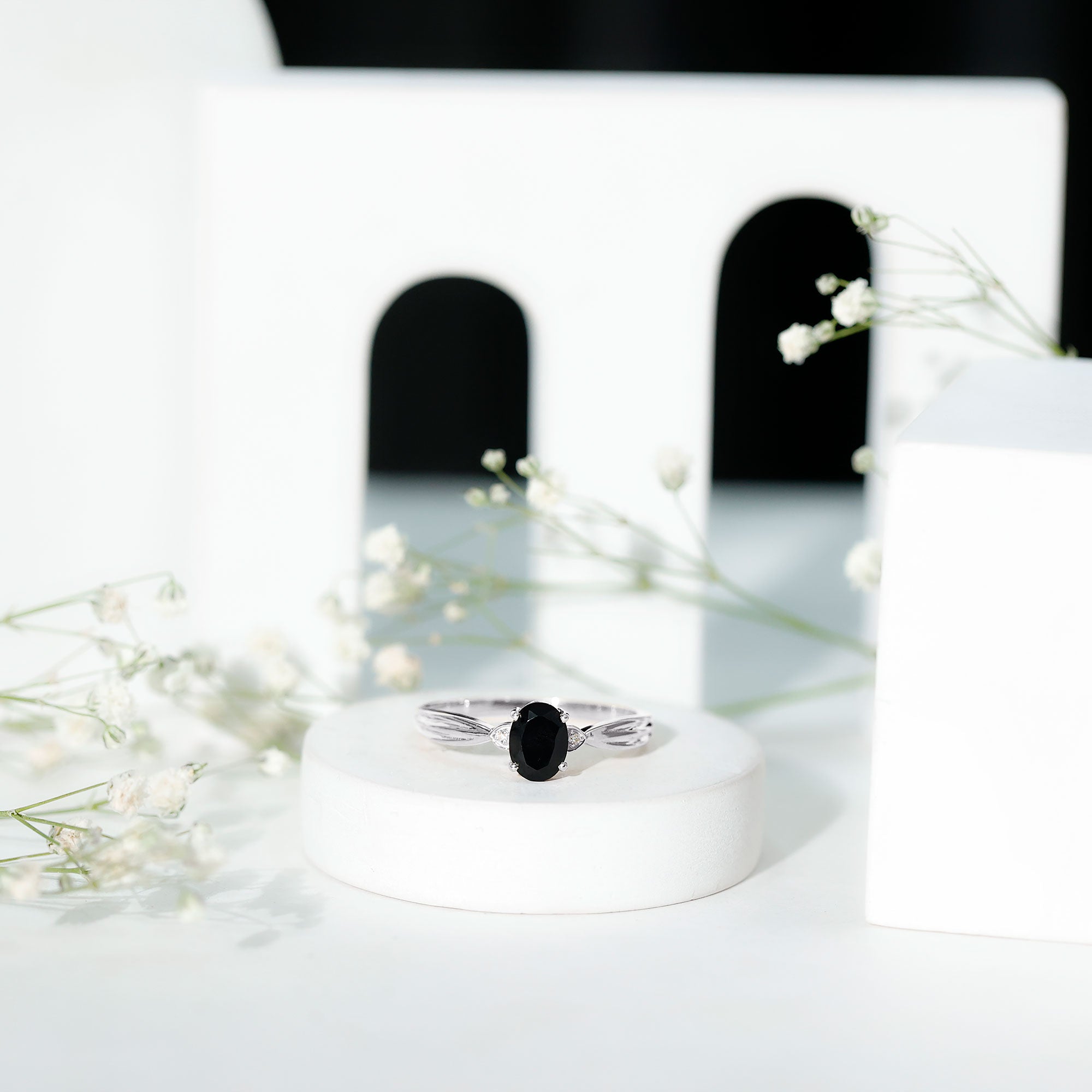 Solitaire Black Onyx Oval Engagement Ring with Diamond AAA - Rosec Jewels