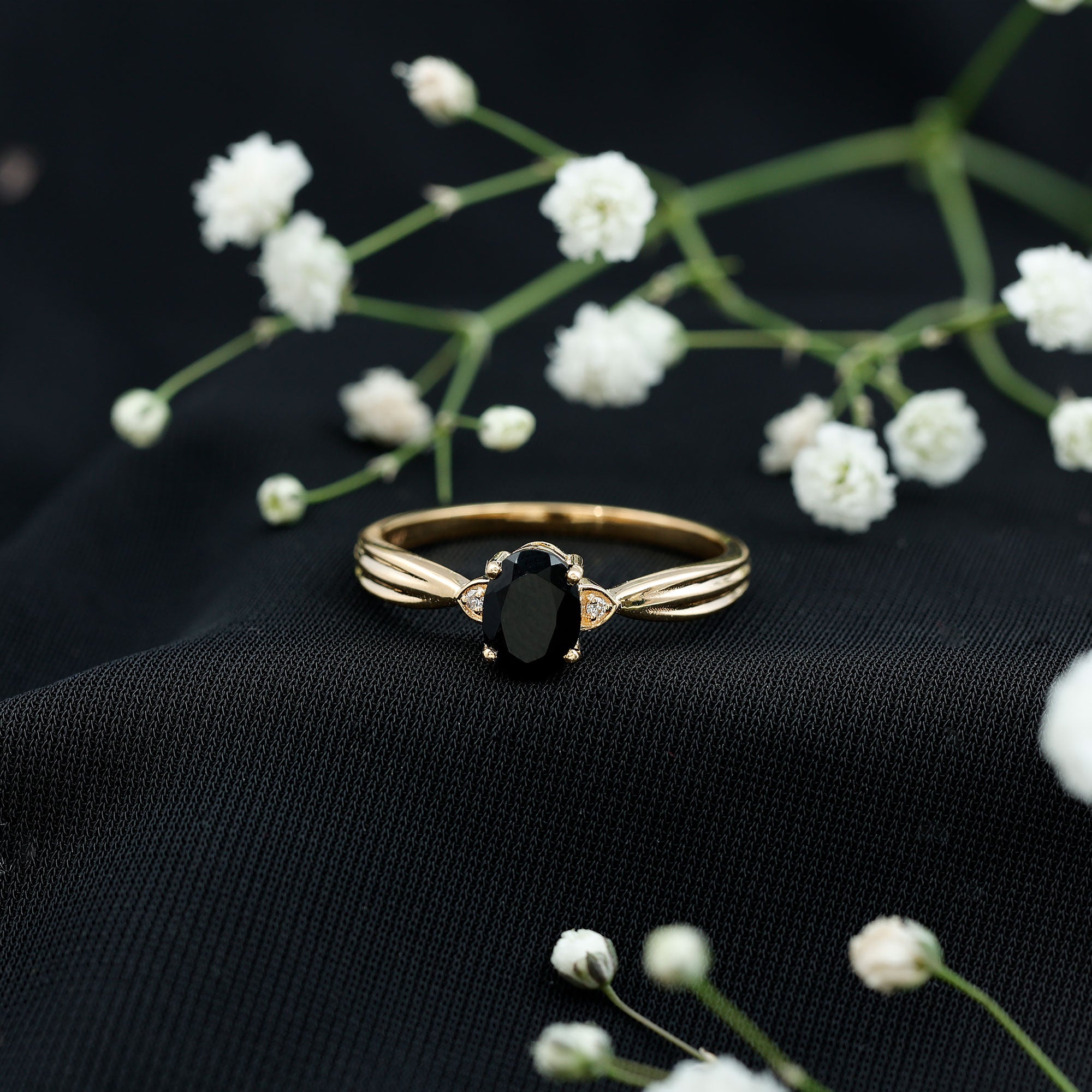Solitaire Black Onyx Oval Engagement Ring with Diamond AAA - Rosec Jewels
