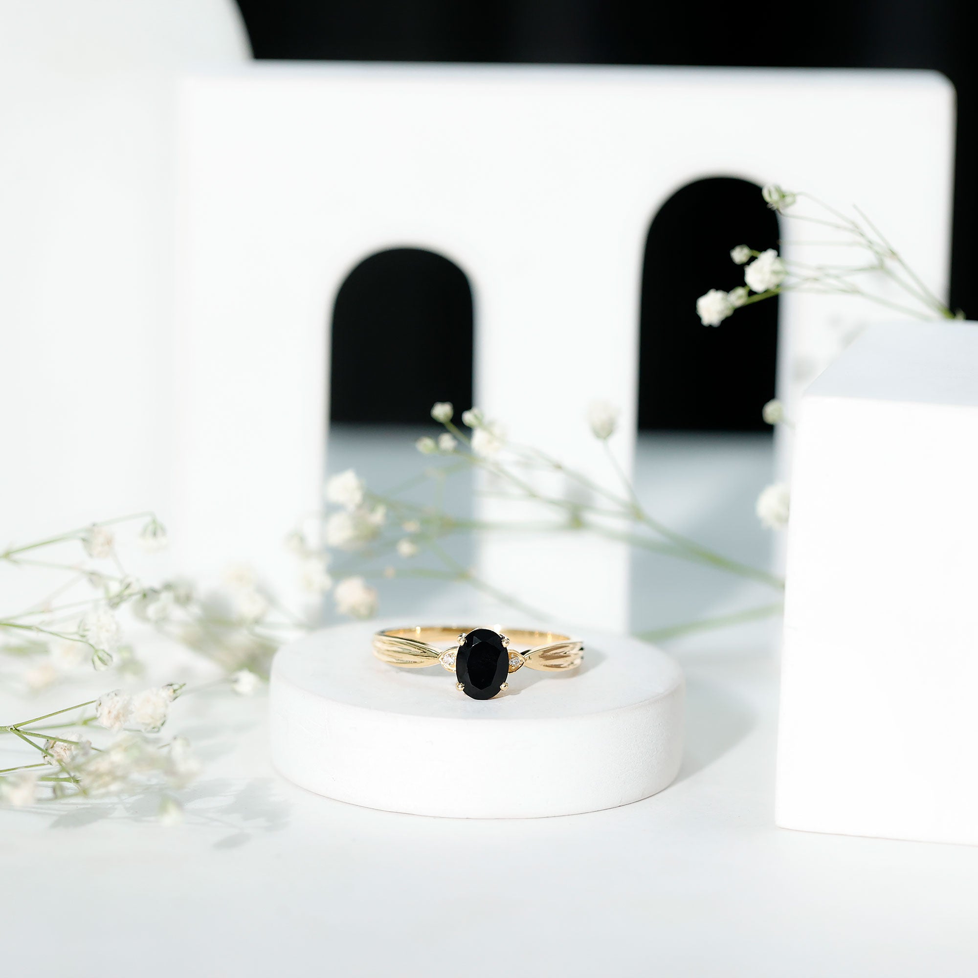 Solitaire Black Onyx Oval Engagement Ring with Diamond AAA - Rosec Jewels