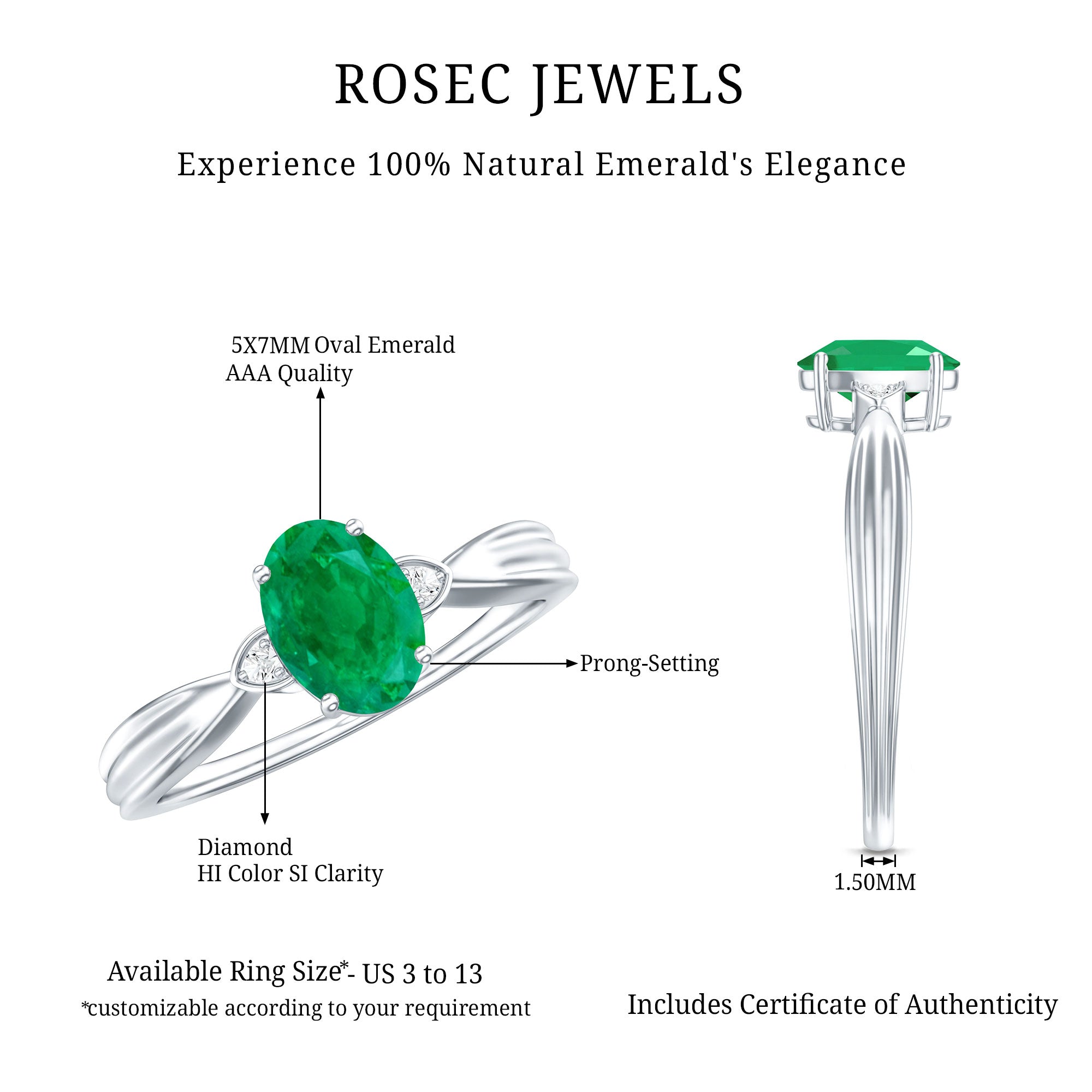5X7 mm Oval Cut Emerald Vintage Engagement Ring with Diamond AAA - Rosec Jewels