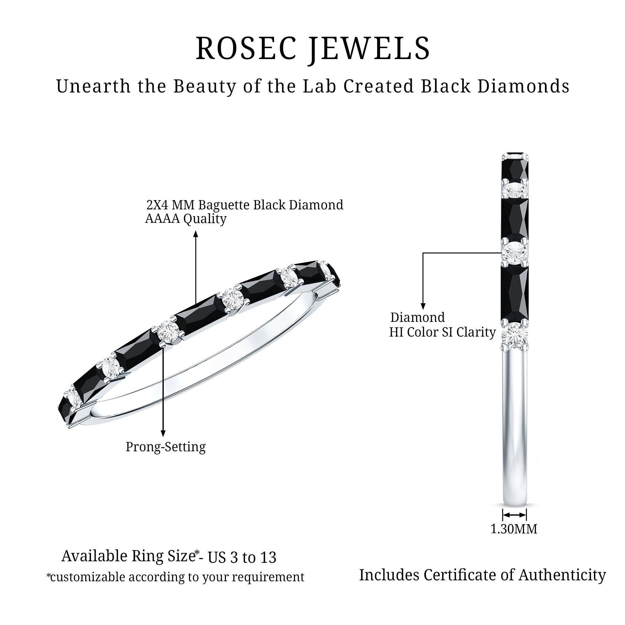 Certified Baguette Lab Grown Black and White Diamond Half Eternity Ring AAAA ( Synthetic ) - Rosec Jewels
