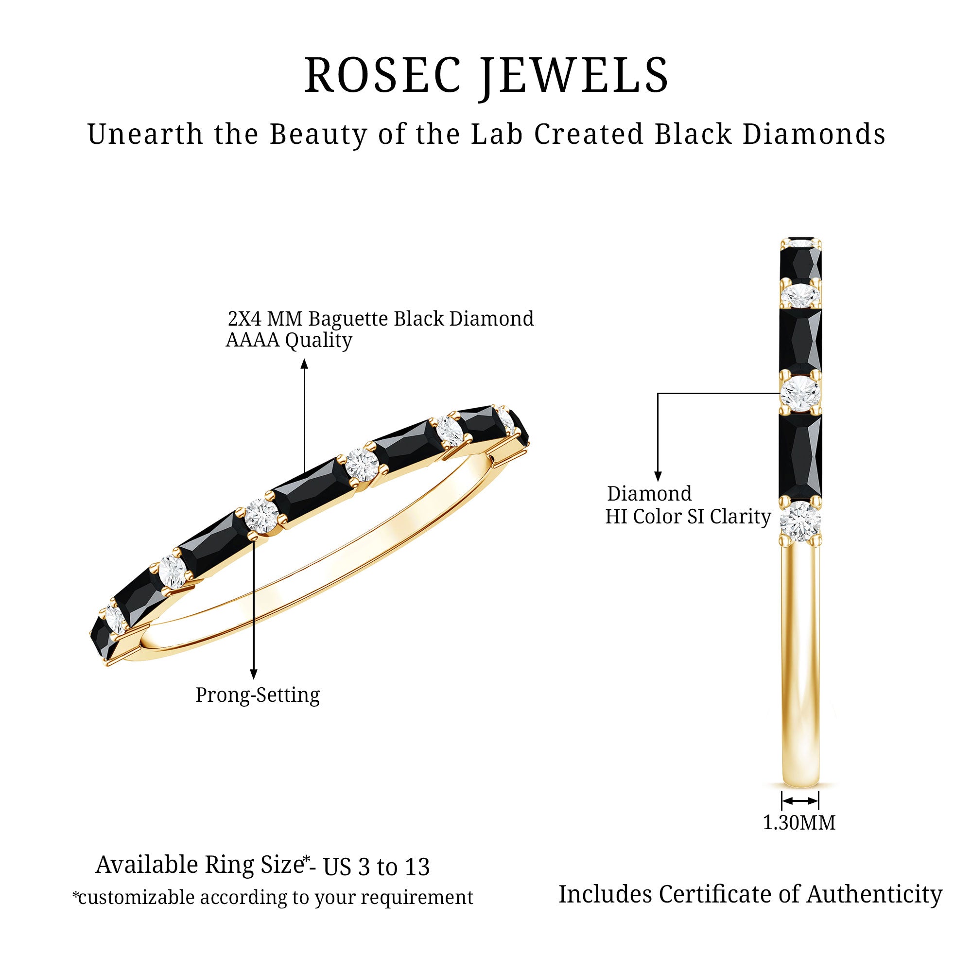 Certified Baguette Lab Grown Black and White Diamond Half Eternity Ring AAAA ( Synthetic ) - Rosec Jewels