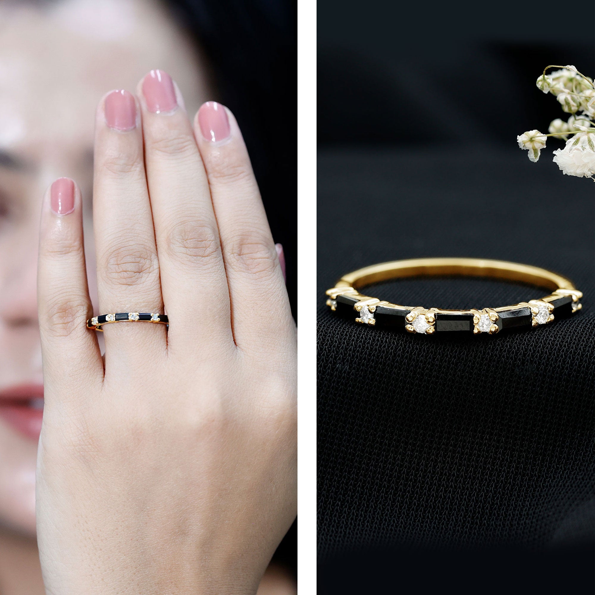 Certified Baguette Lab Grown Black and White Diamond Half Eternity Ring AAAA ( Synthetic ) - Rosec Jewels
